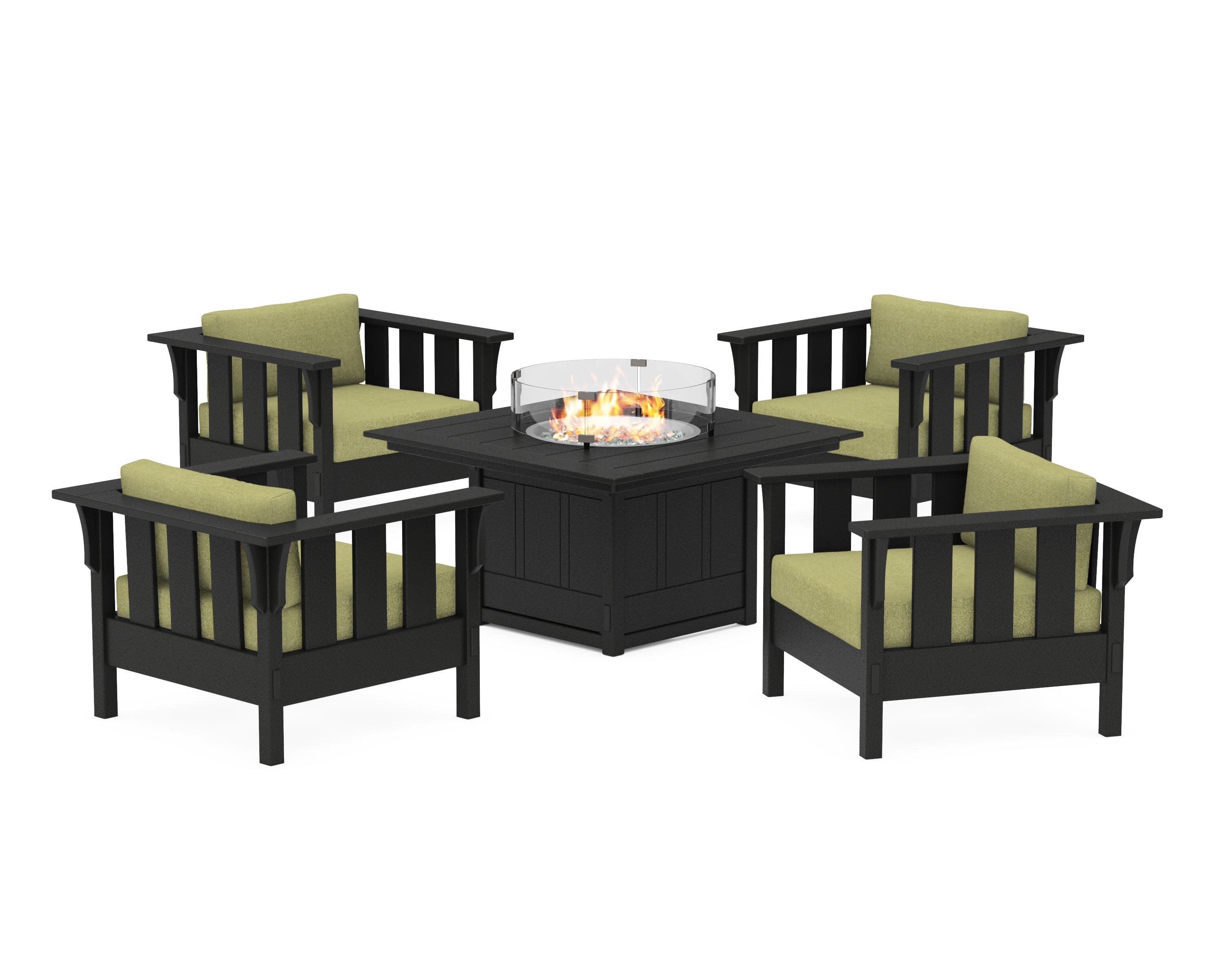Acadia 5-Piece Deep Seating Set with Fire Pit Table in Black / Chartreuse Boucle