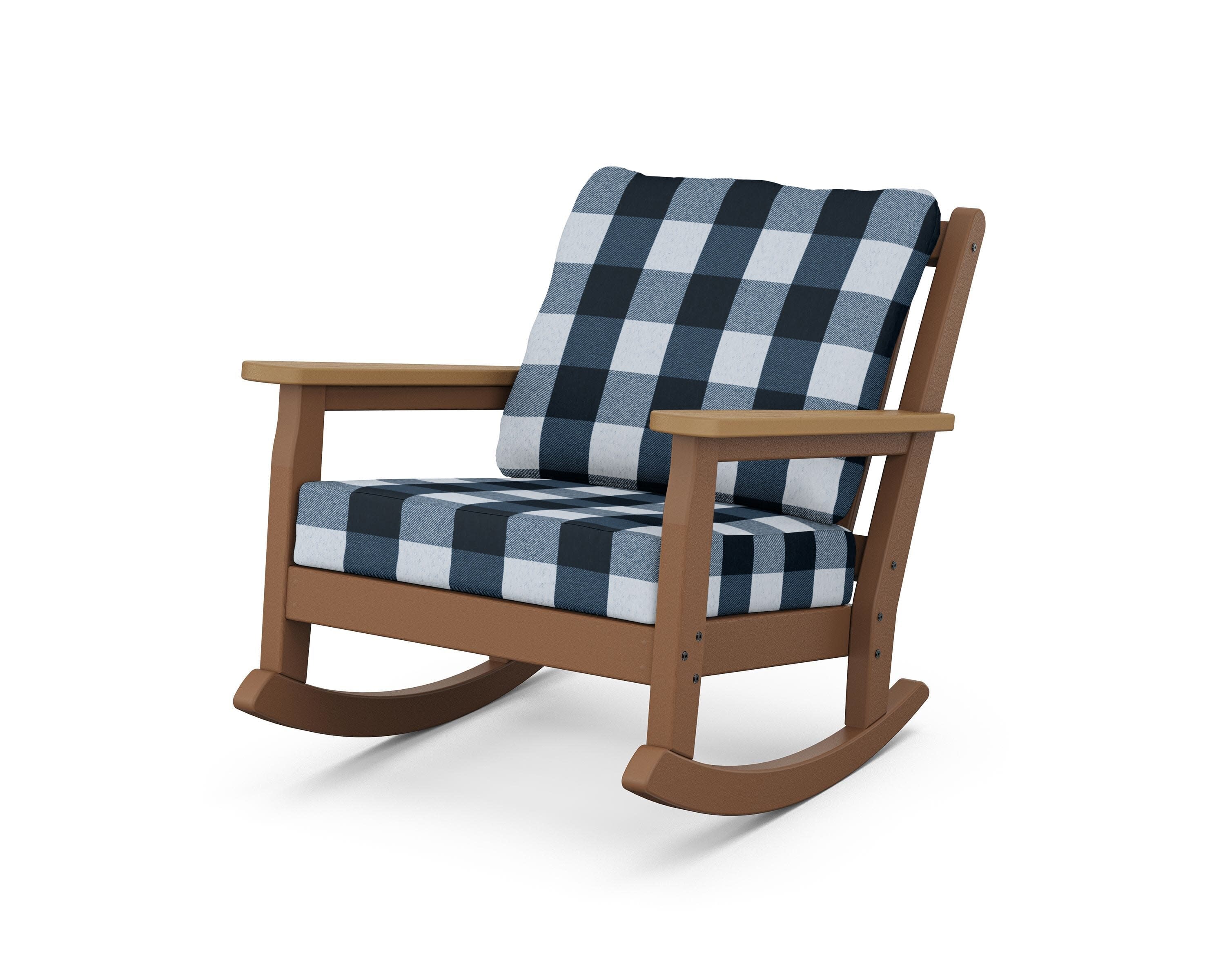 Chippendale Deep Seating Rocking Chair in Teak / Natural / Buffalo Plaid Marine Indigo