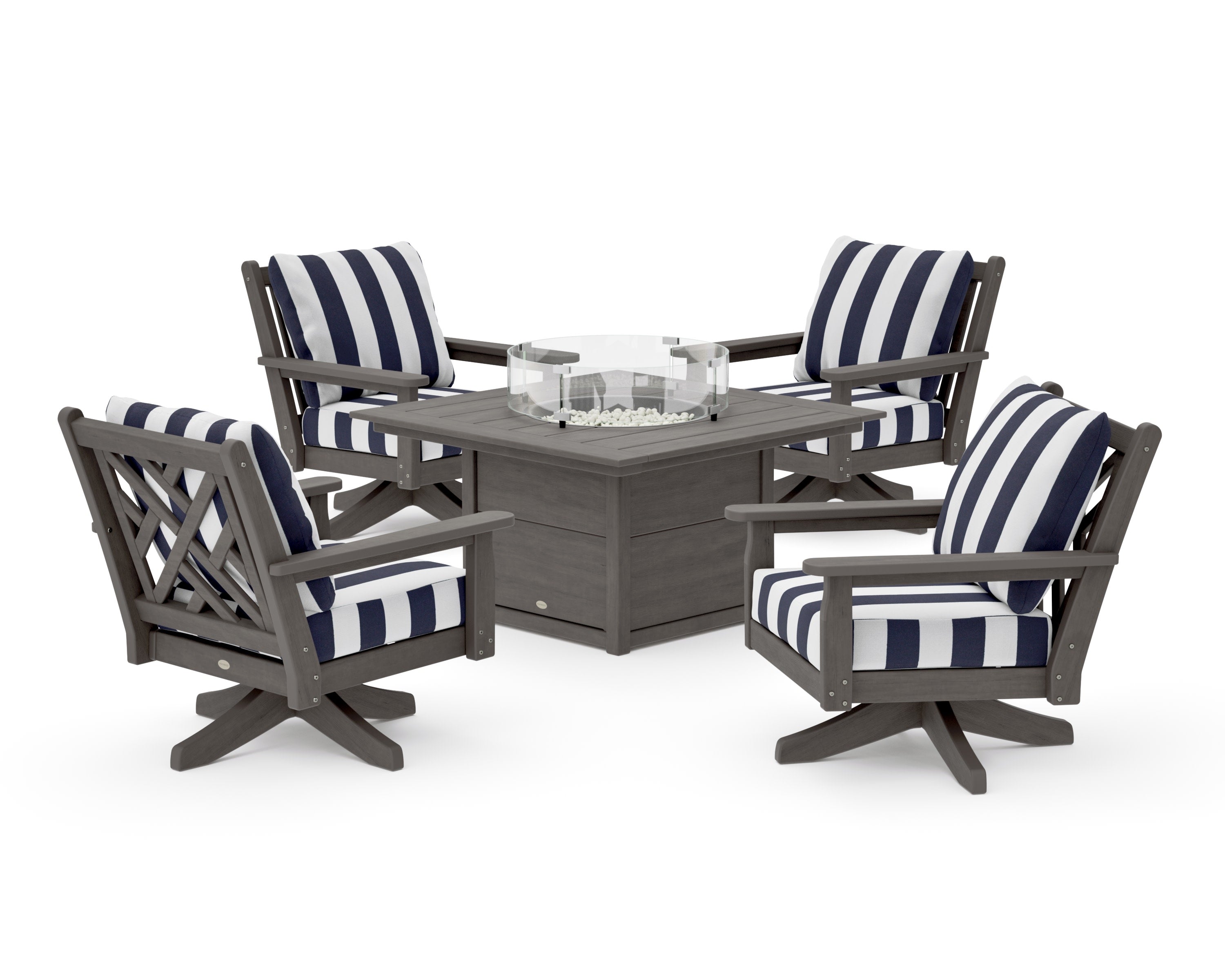 Chippendale 5-Piece Deep Seating Swivel Conversation Set with Fire Pit Table in Driftwood / Cabana Stripe Navy