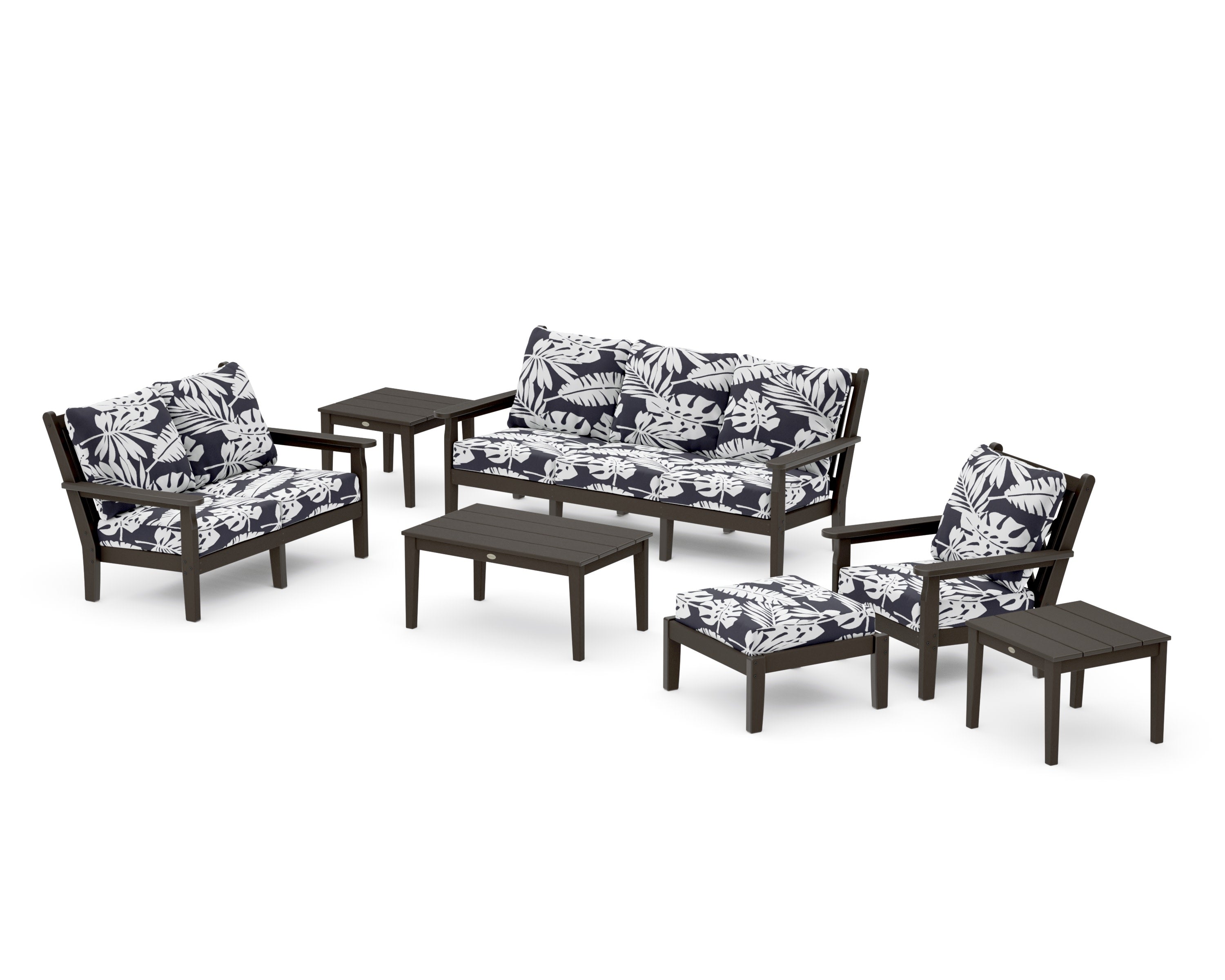 Chippendale 7-Piece Deep Seating Set in Vintage Coffee / Leaf Navy