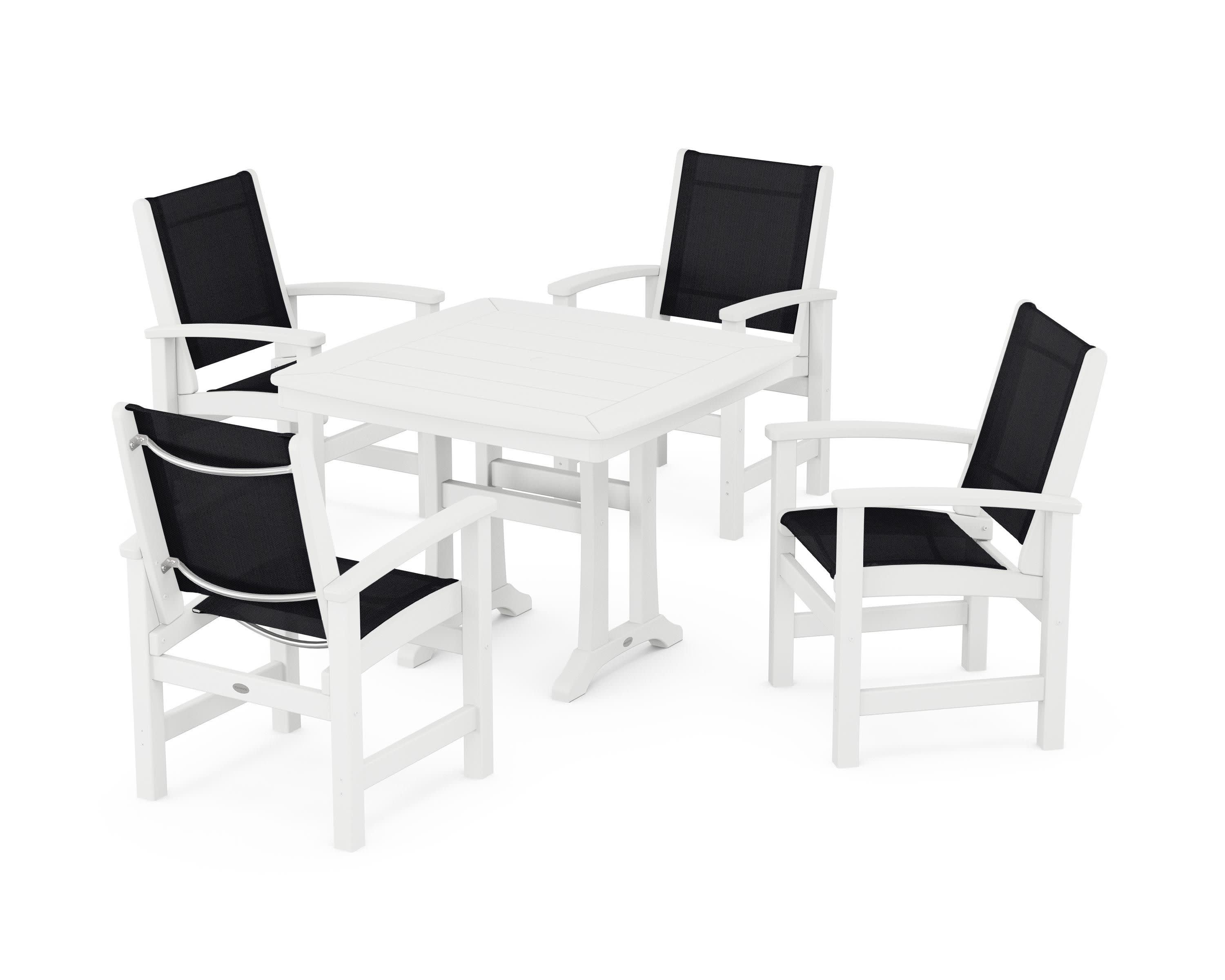 Coastal 5-Piece Dining Set with Trestle Legs in White / Black Sling