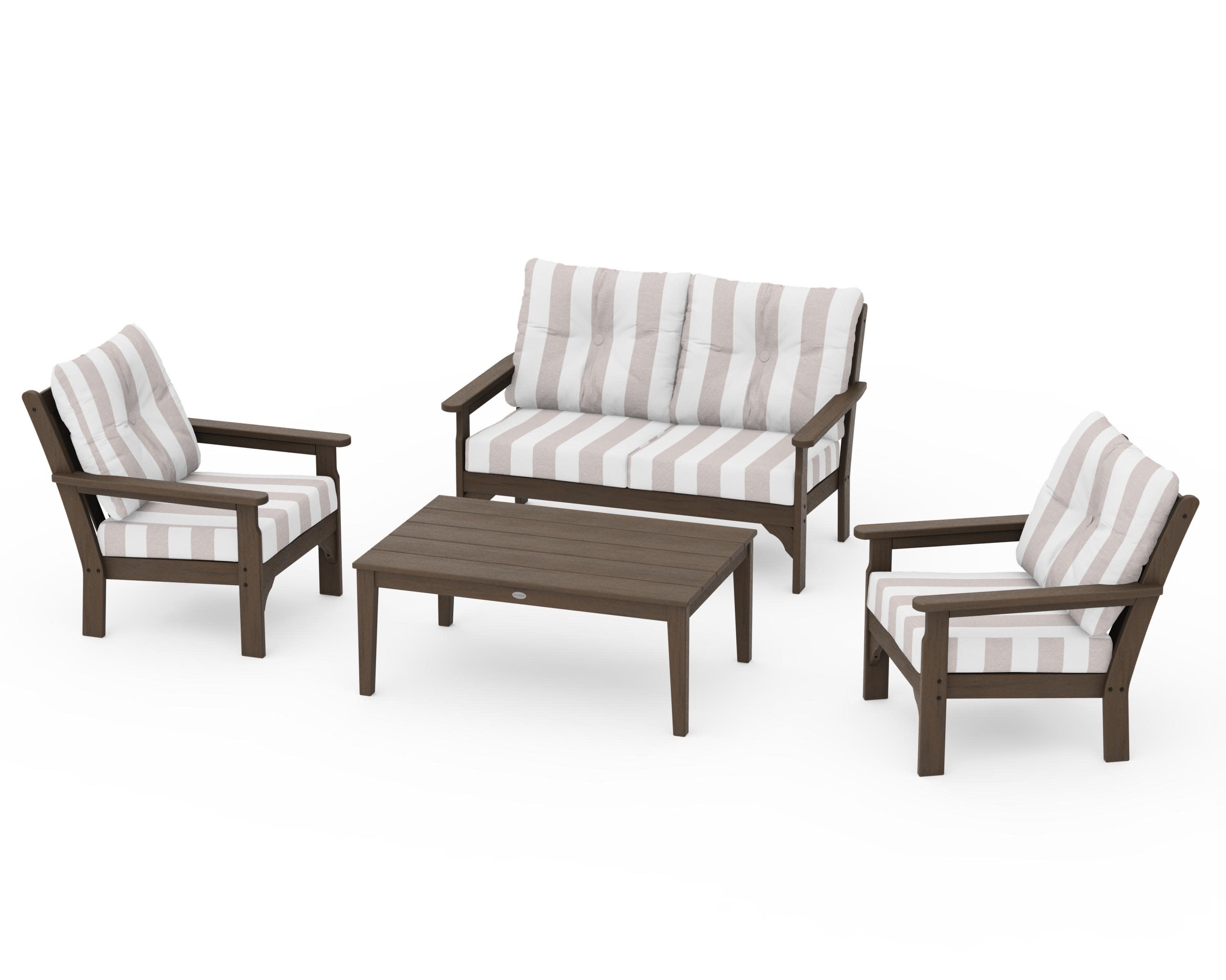 Vineyard 4-Piece Deep Seating Set in Kona / Cabana Stripe Dune Burlap