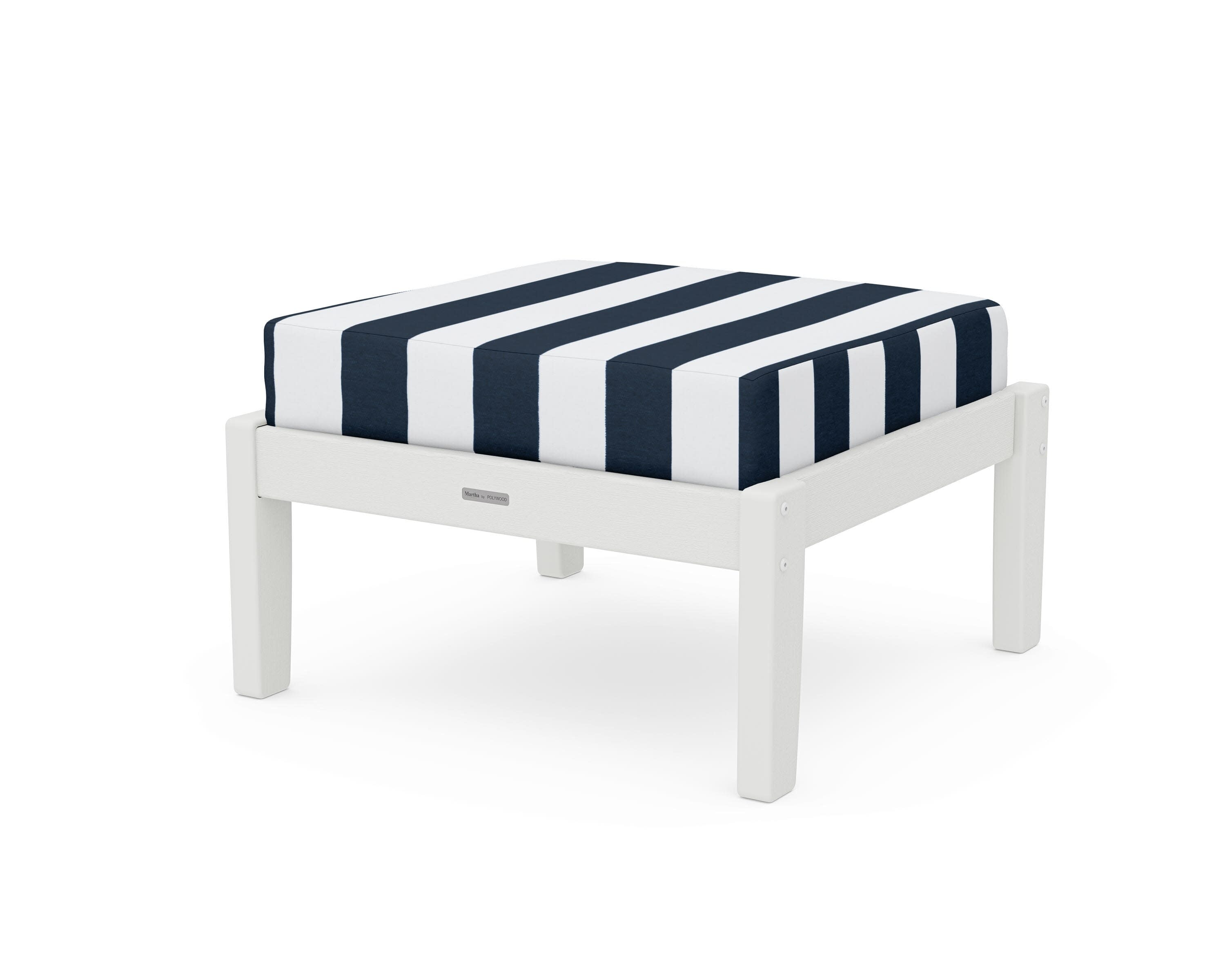 Chinoiserie Deep Seating Ottoman in Vintage White / Cabana Stripe Marine Indigo