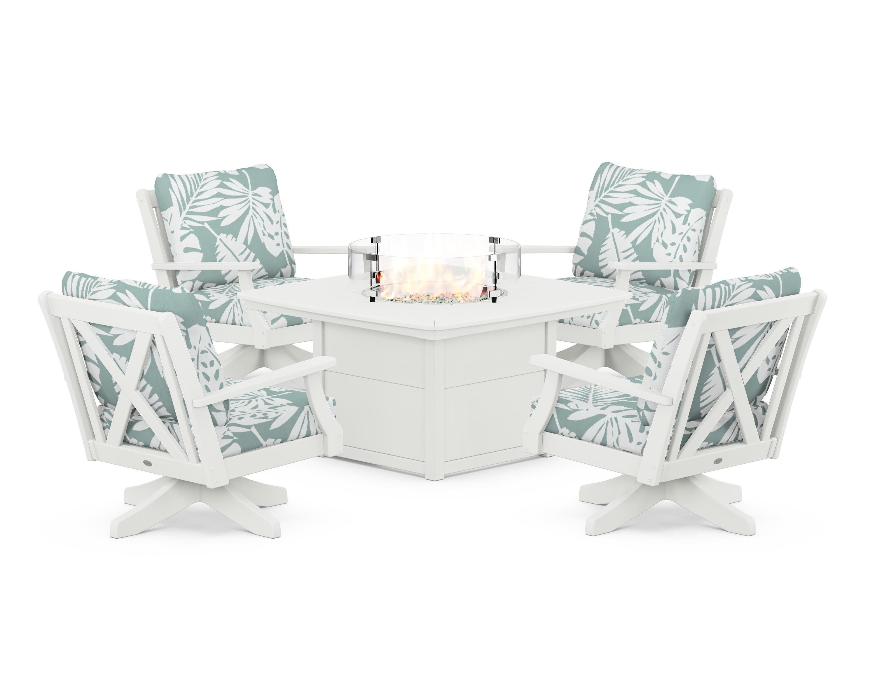 Braxton 5-Piece Deep Seating Swivel Conversation Set with Fire Pit Table in Vintage White / Leaf Glacier Spa