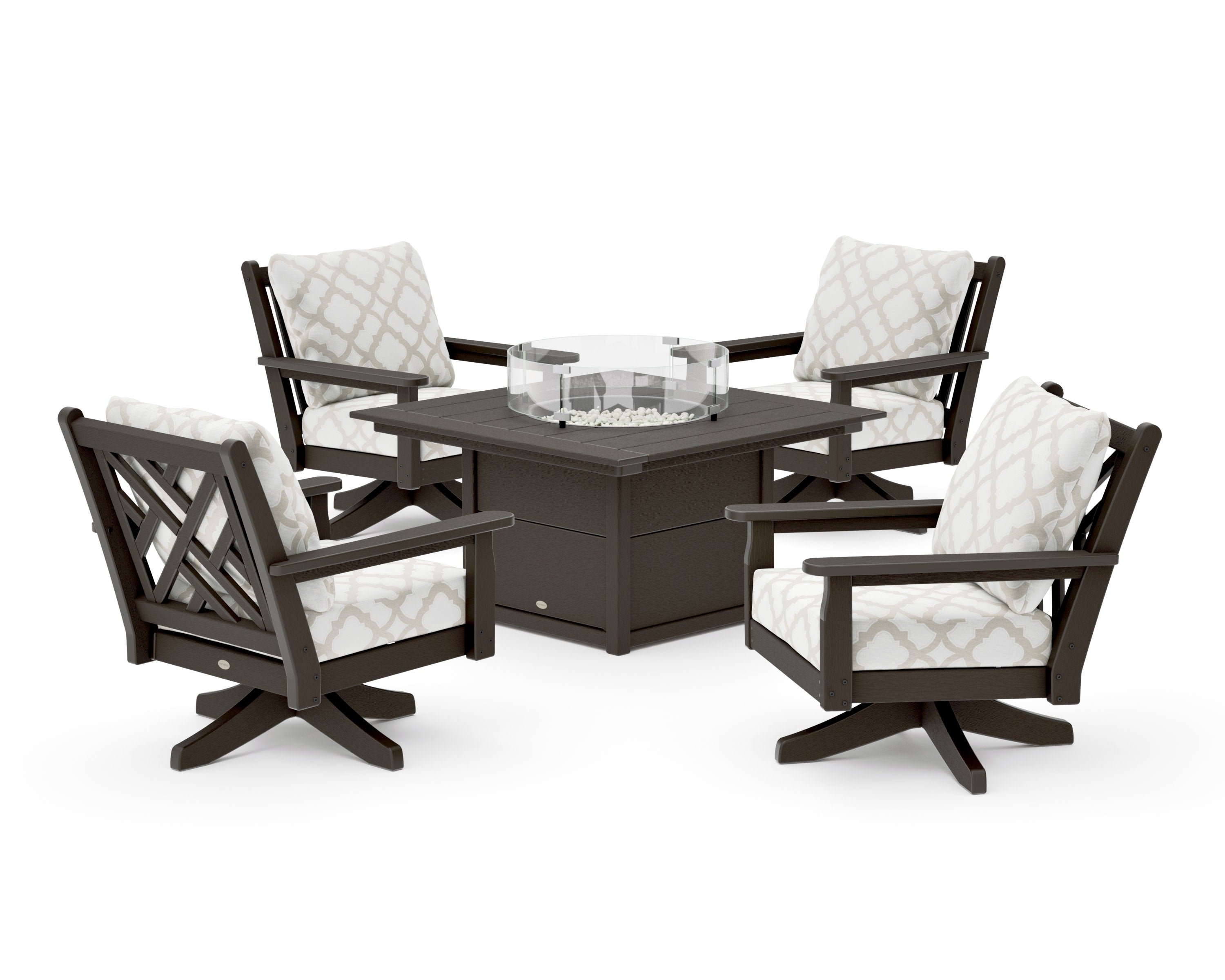 Chippendale 5-Piece Deep Seating Swivel Conversation Set with Fire Pit Table in Vintage Coffee / Trellis Dune Burlap