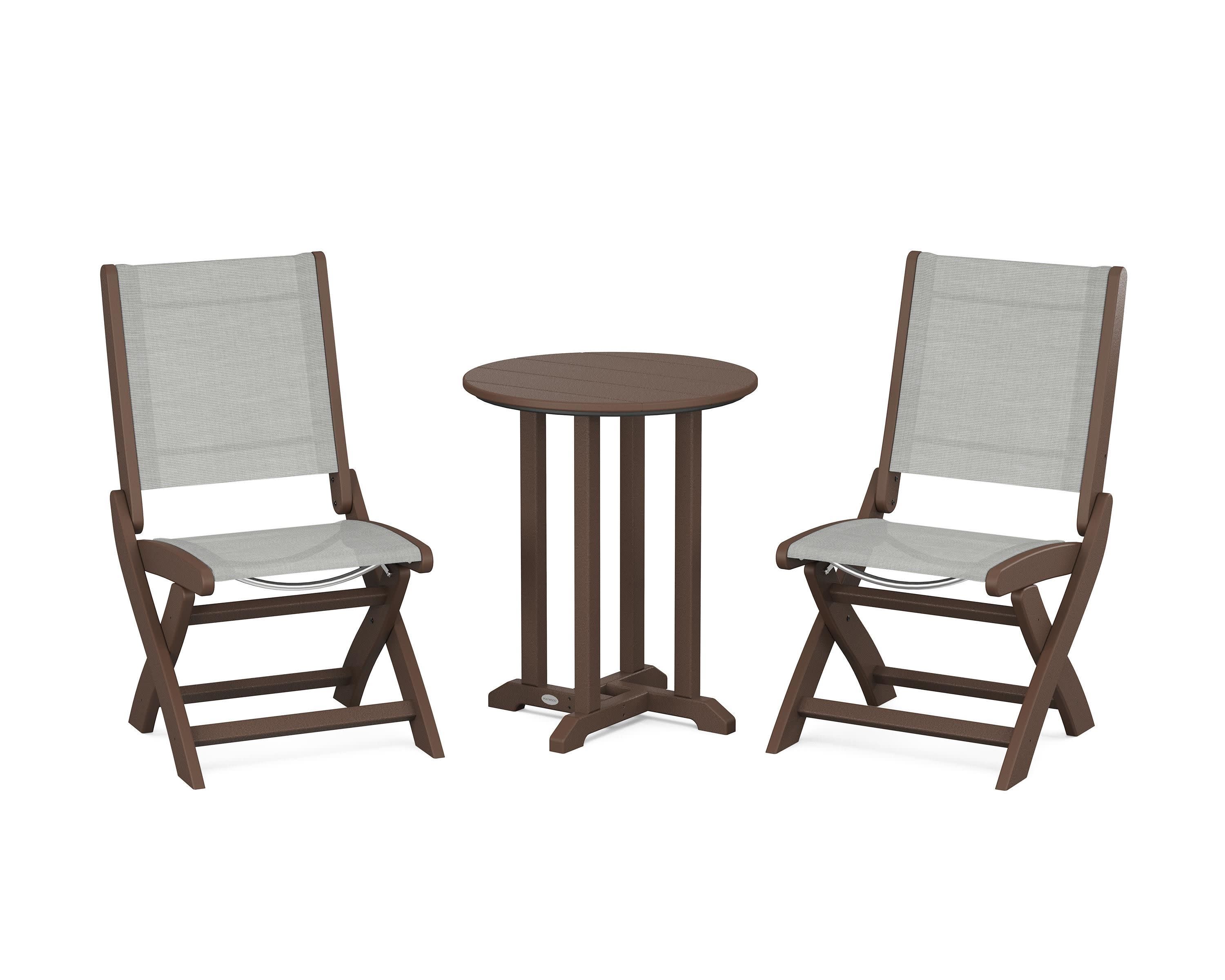 Coastal Folding Side Chair 3-Piece Round Bistro Dining Set in Mahogany / Metallic Sling