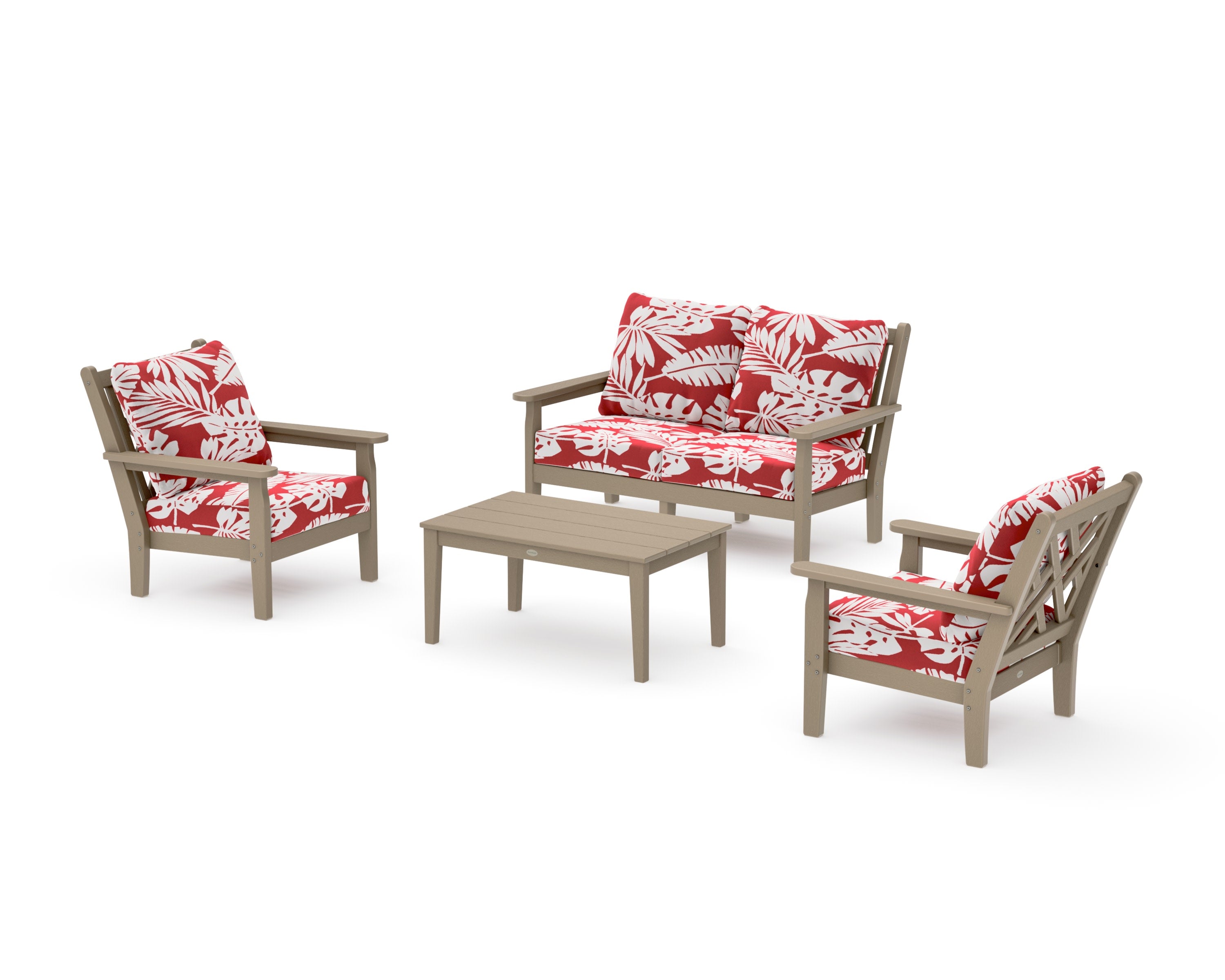 Chippendale 4-Piece Deep Seating Set with Loveseat in Vintage Sahara / Leaf Crimson