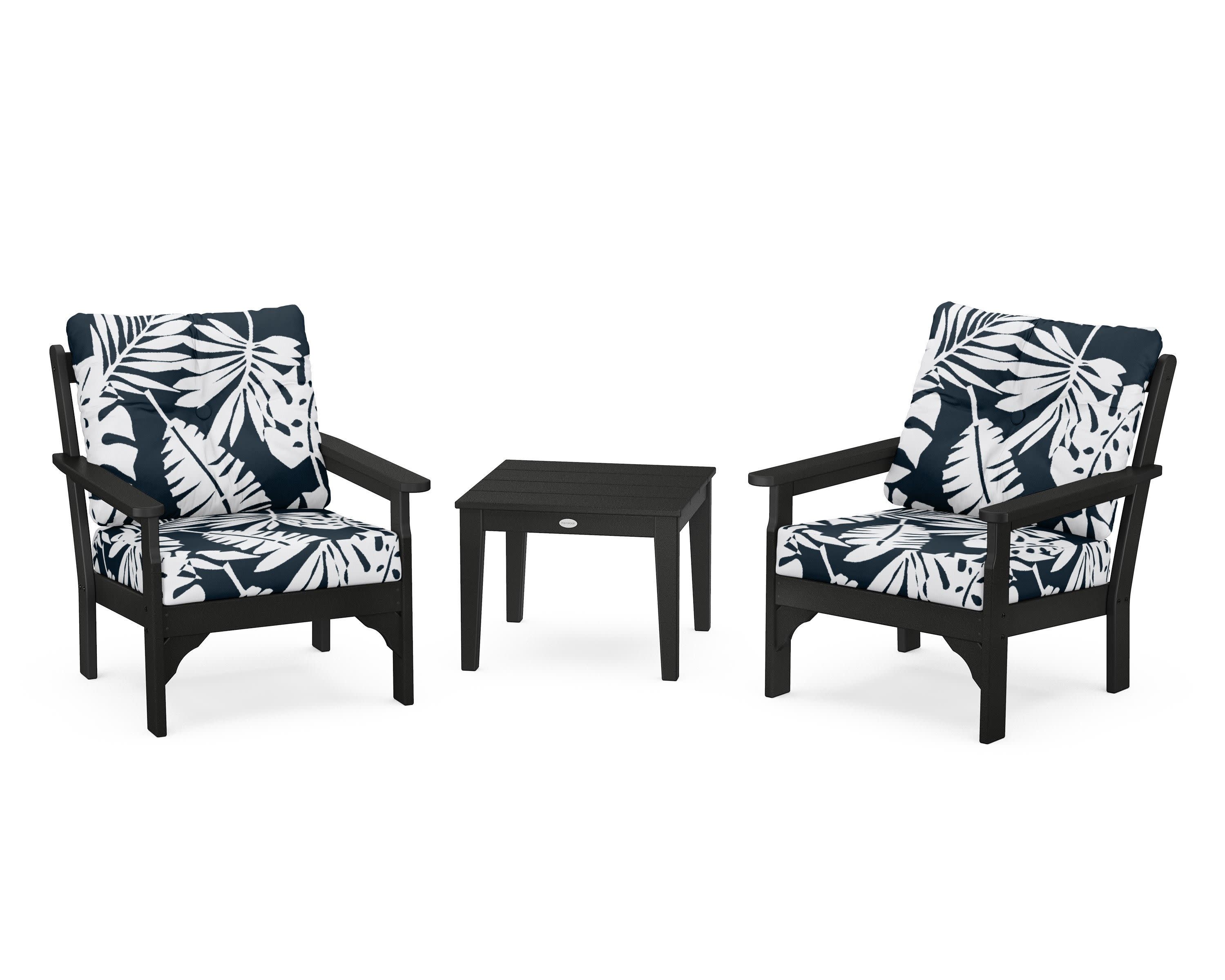 Vineyard 3-Piece Deep Seating Set in Black / Leaf Marine Indigo