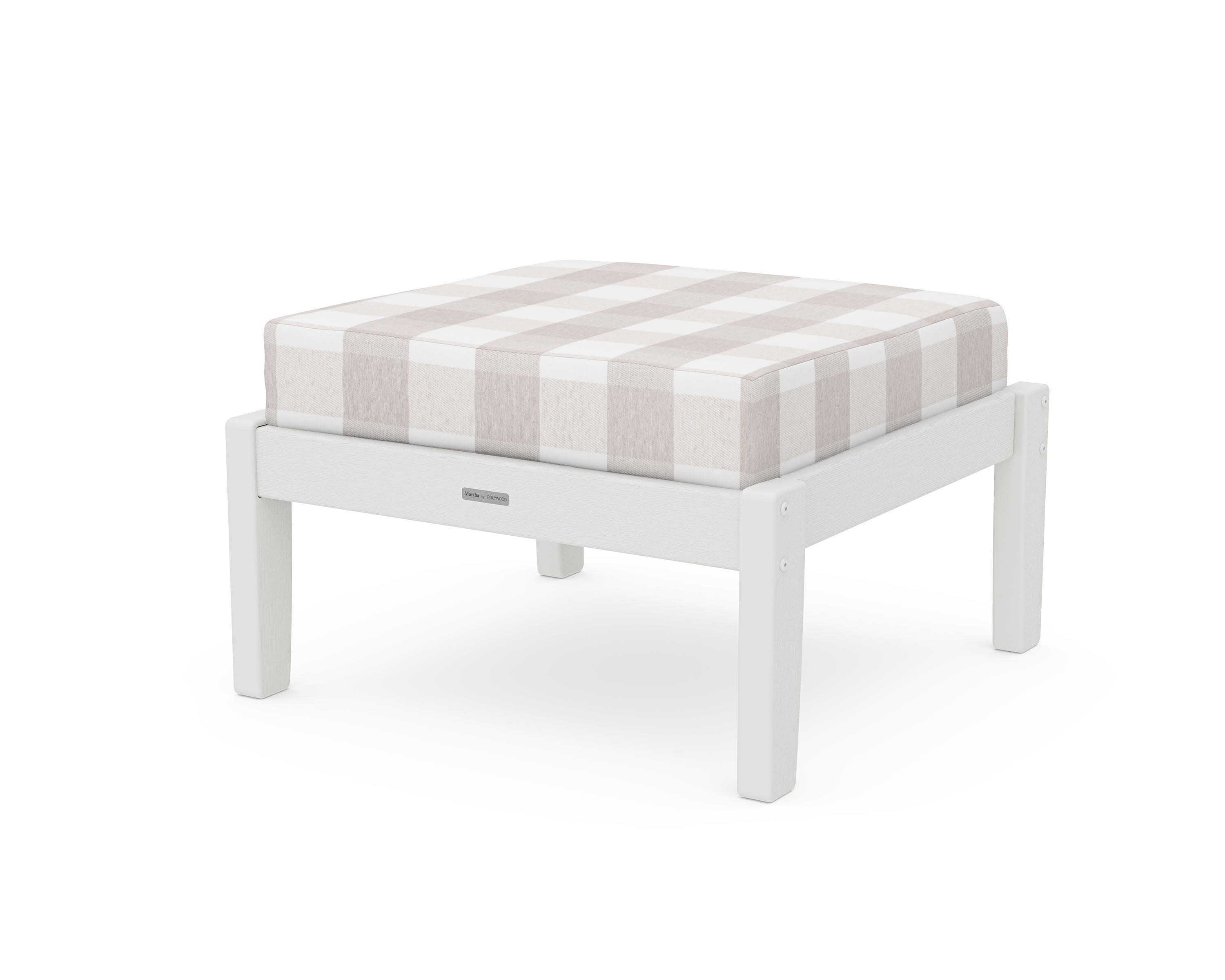 Chinoiserie Deep Seating Ottoman in Vintage White / Buffalo Plaid Dune Burlap