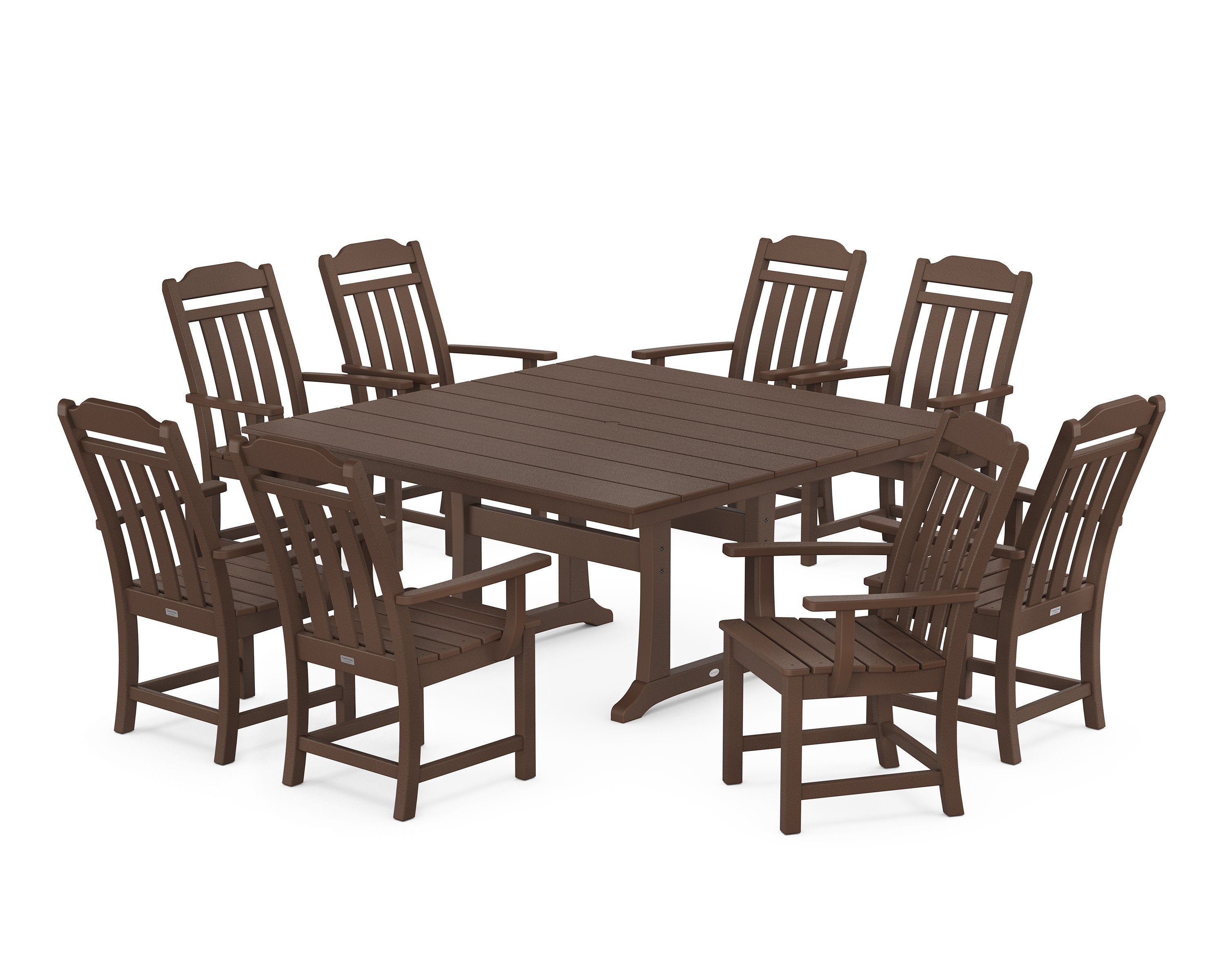 Cottage 9-Piece Square Farmhouse Dining Set with Trestle Legs in Mahogany