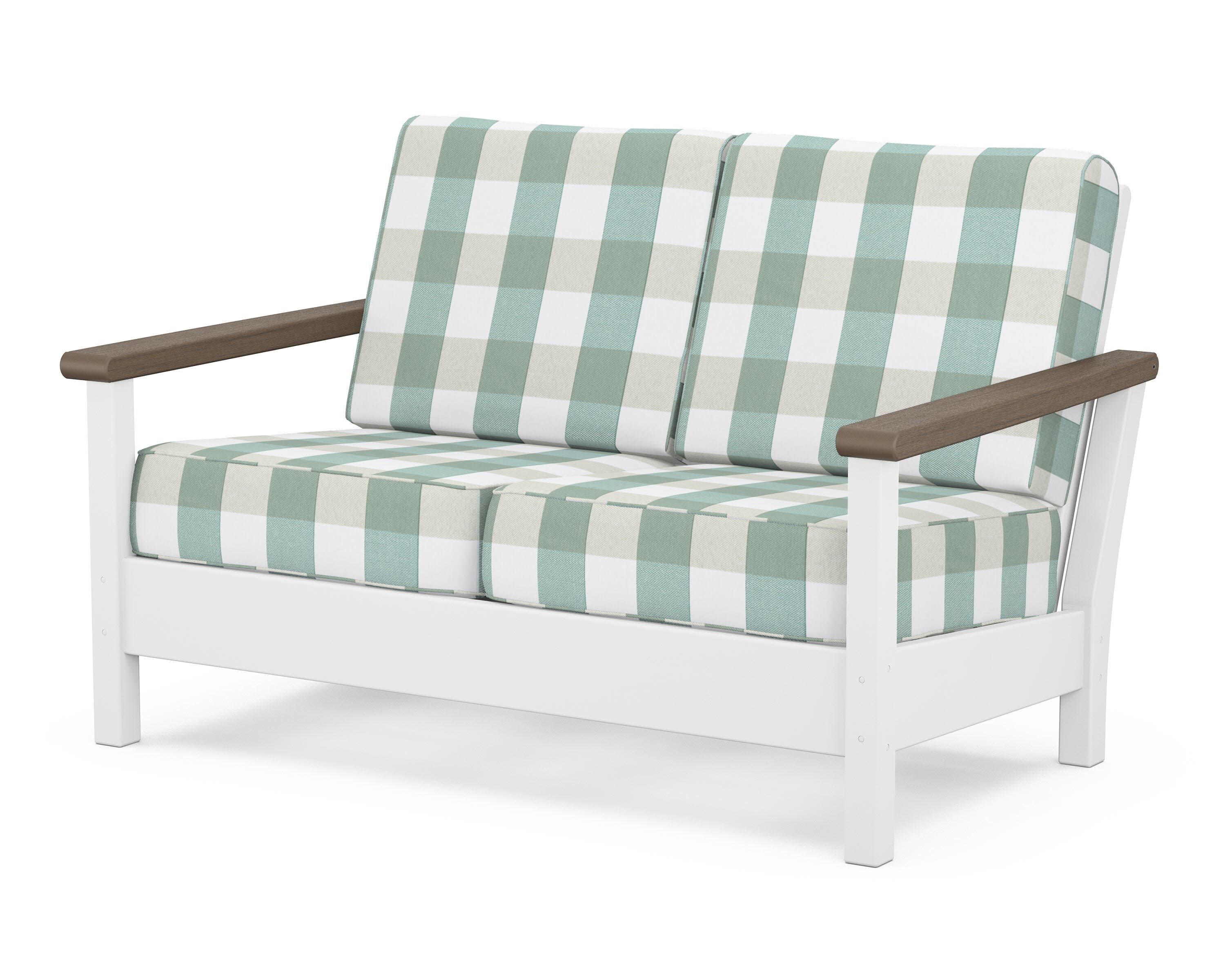 Harbour Deep Seating Loveseat in White / Kona / Buffalo Plaid Glacier Spa