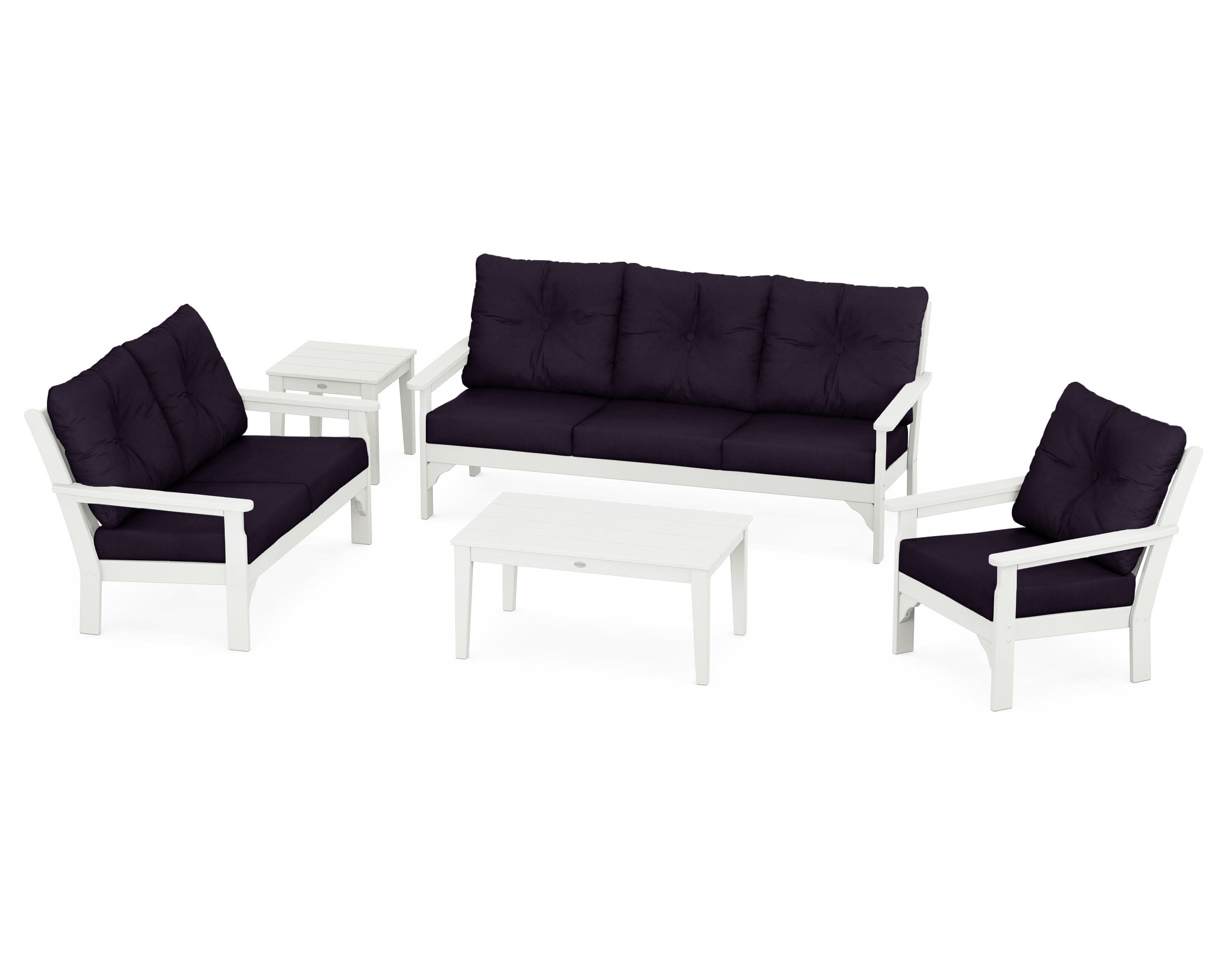 Vineyard 5 Piece Deep Seating Set in Vintage White / Navy Linen