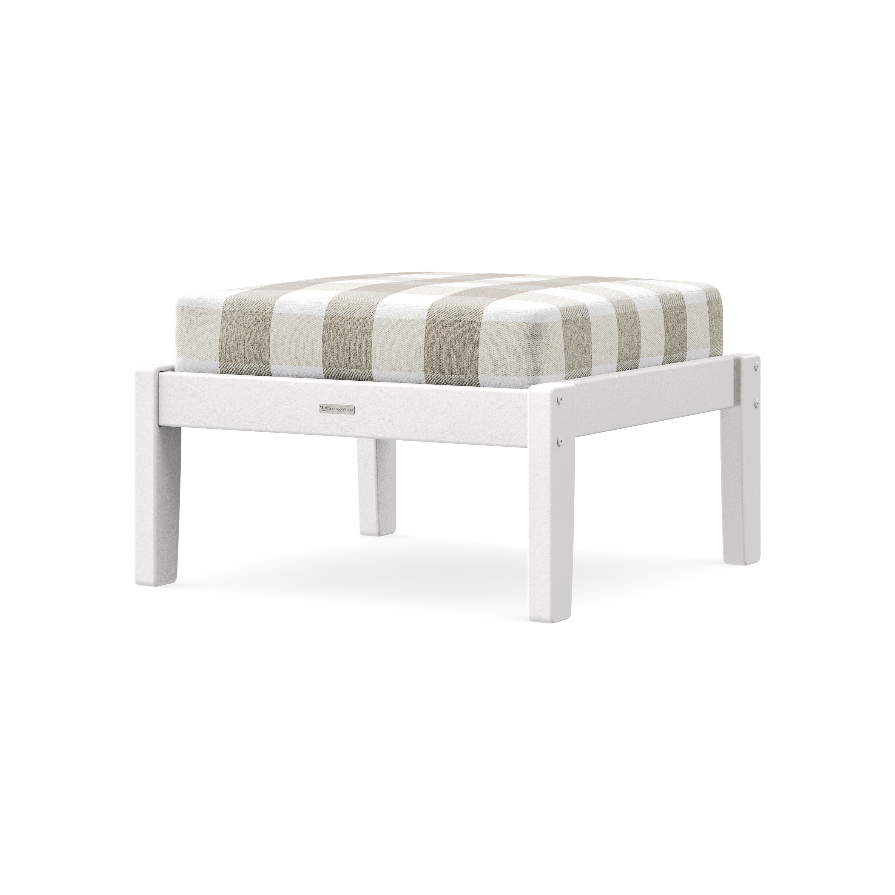 Chinoiserie Deep Seating Ottoman in White / Buffalo Plaid Dune Burlap