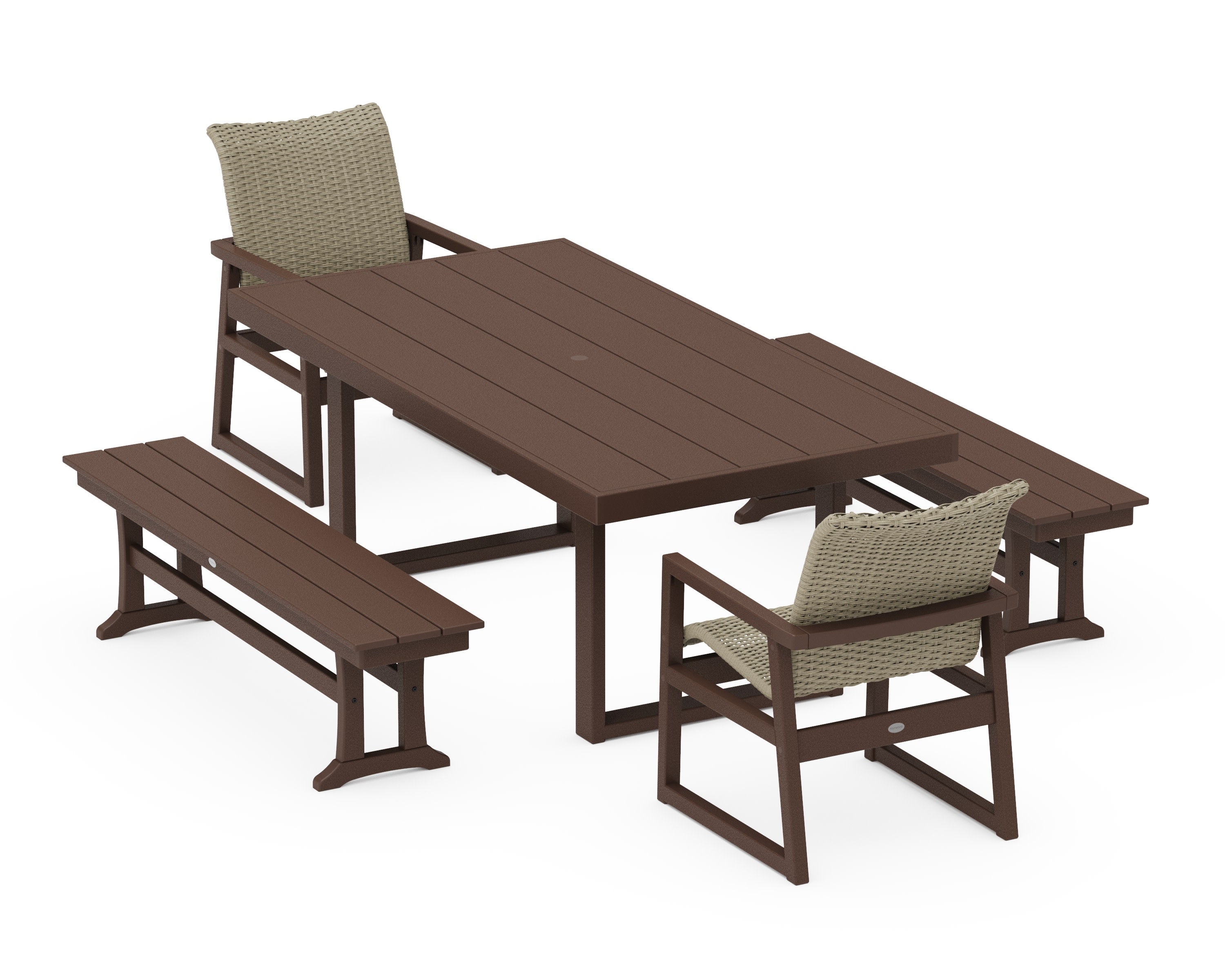 EDGE Woven 5-Piece Dining Set with Benches in Mahogany / Dune Grass