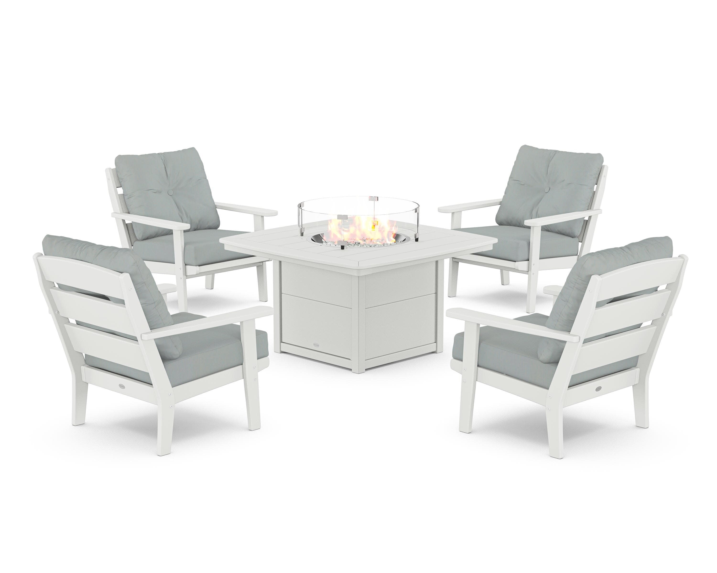 Lakeside 5-Piece Deep Seating Set with Nautical Fire Pit Table in White / Spa