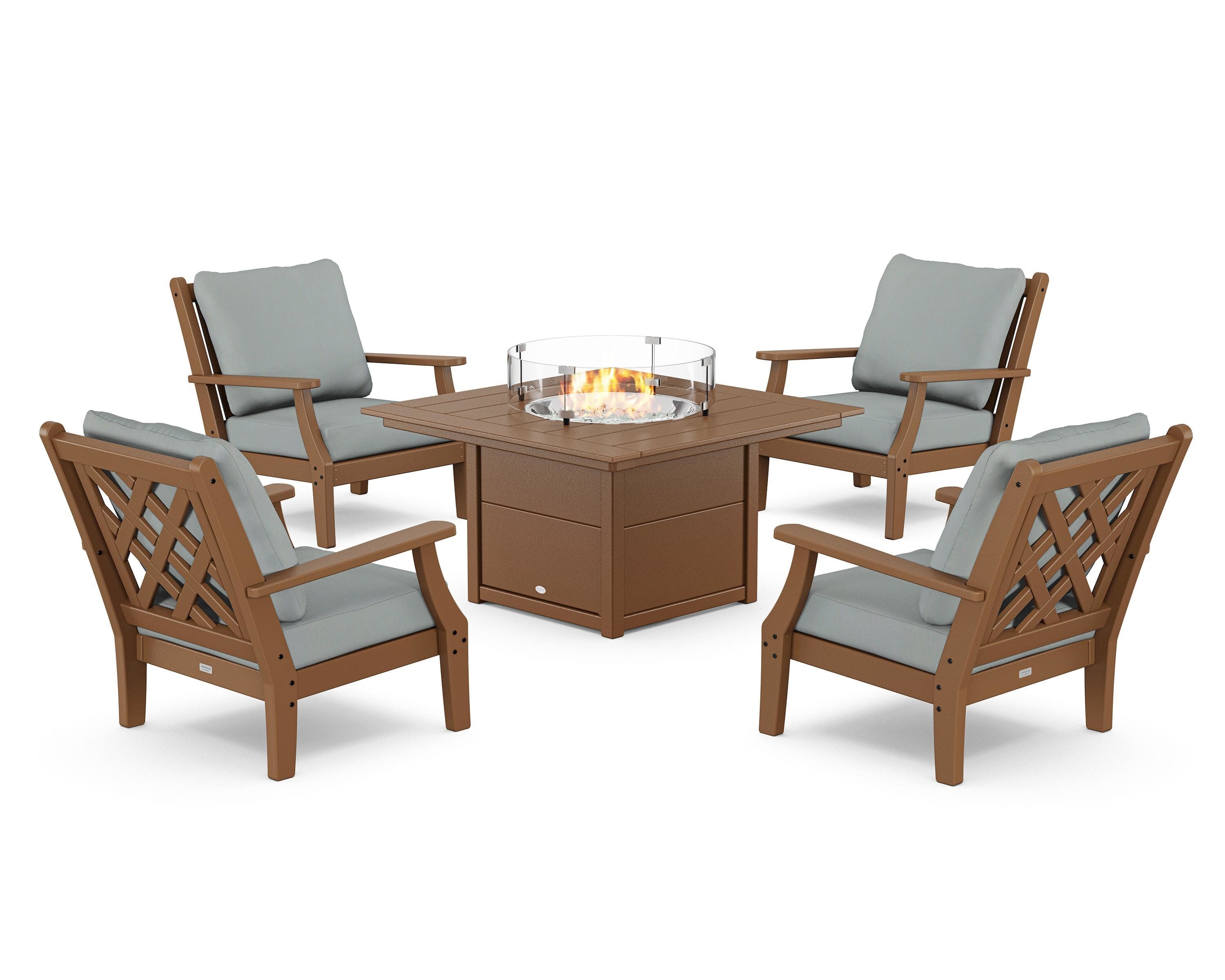 Wovendale 5-Piece Deep Seating Set with Fire Pit Table in Teak / Spa