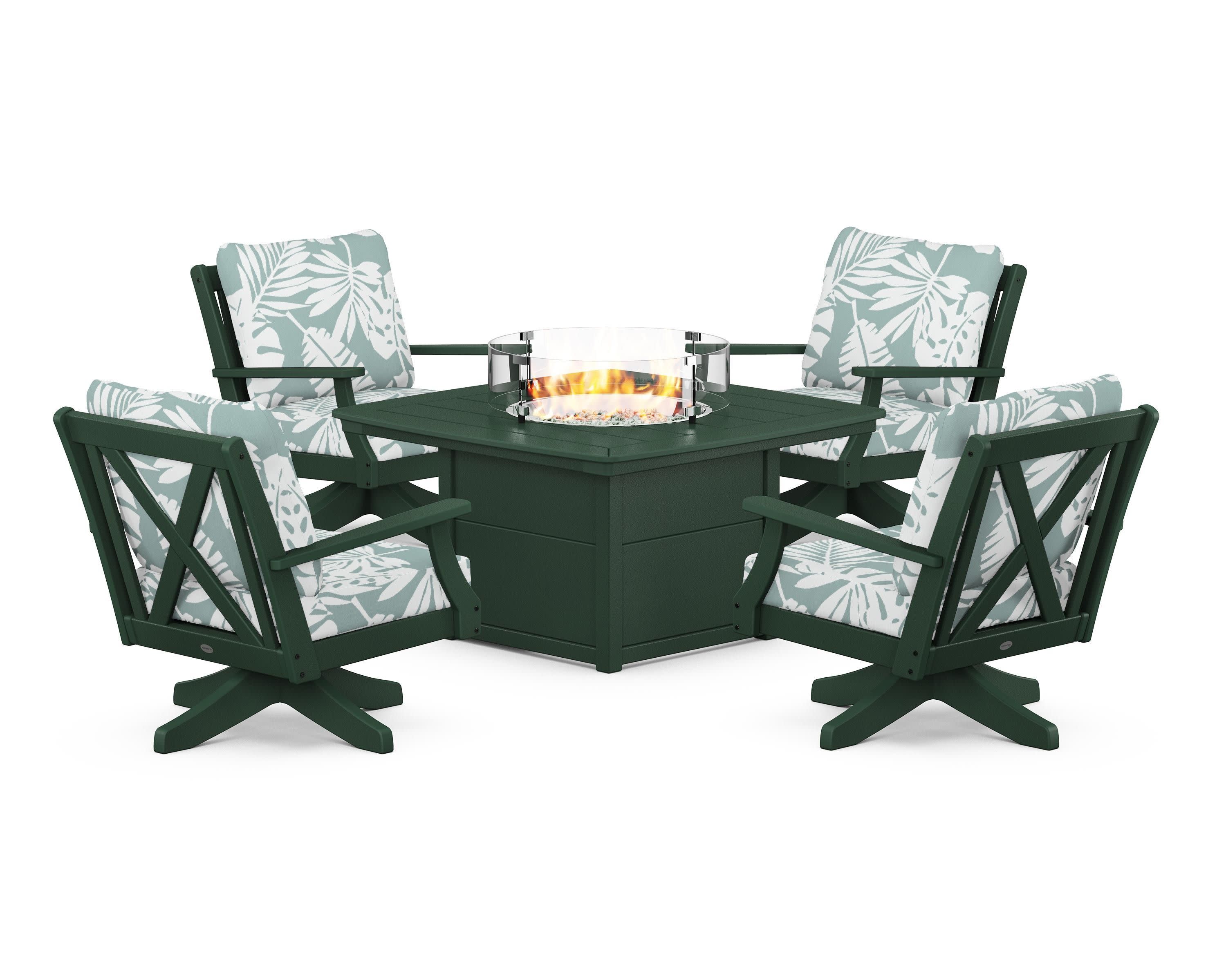 Braxton 5-Piece Deep Seating Swivel Conversation Set with Fire Pit Table in Green / Leaf Glacier Spa