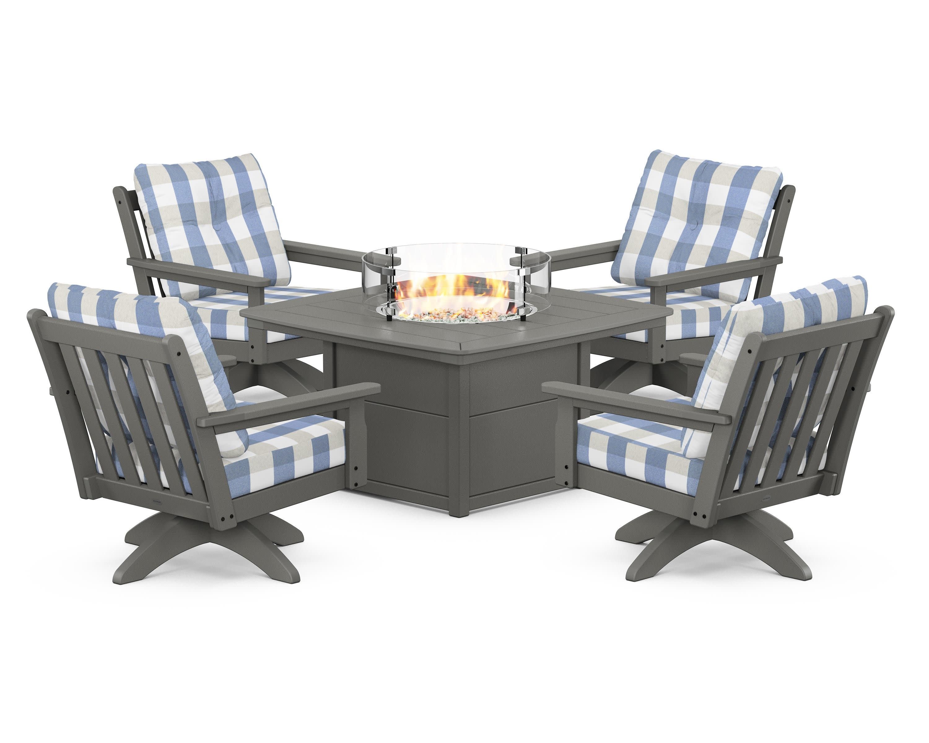 Vineyard 5-Piece Deep Seating Swivel Conversation Set with Fire Pit Table in Slate Grey / Buffalo Plaid Sky Blue