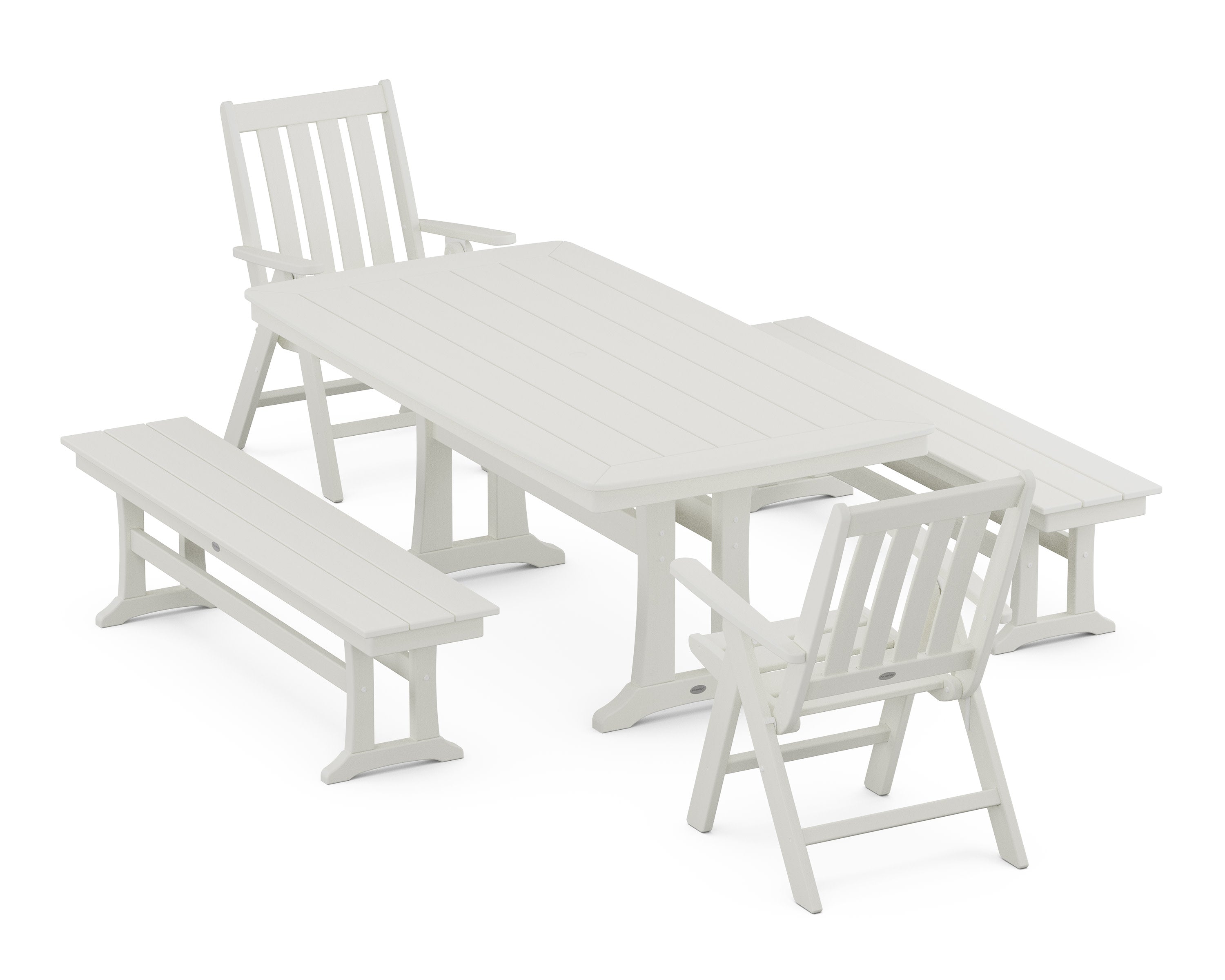 Vineyard Folding Chair 5-Piece Dining Set with Trestle Legs and Benches in Vintage White