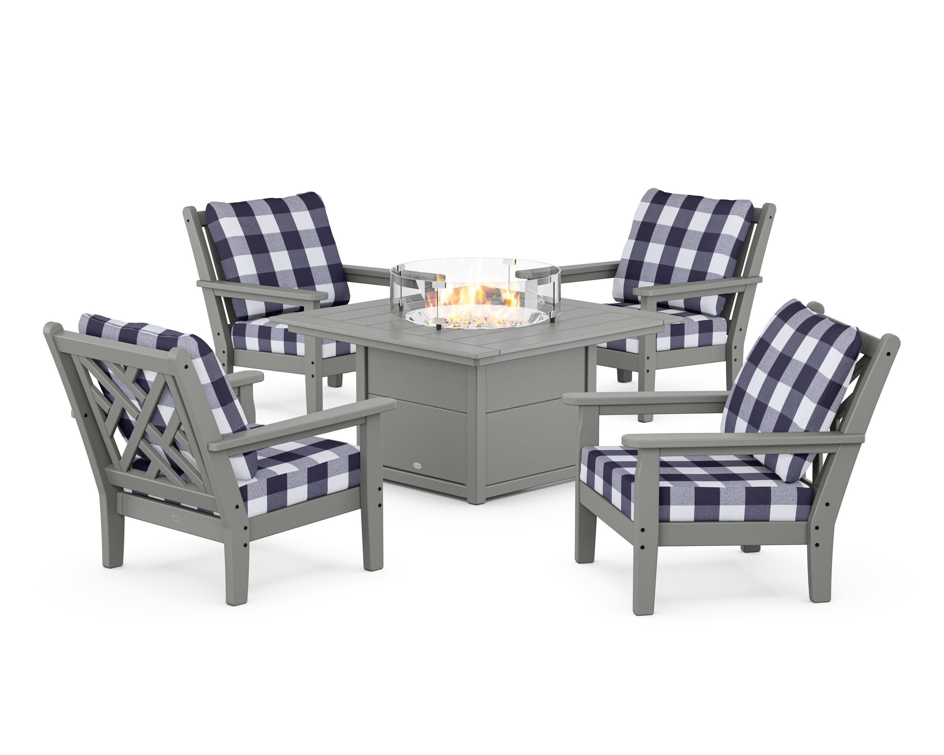 Chippendale 5-Piece Deep Seating Set with Fire Pit Table in Slate Grey / Buffalo Plaid Navy