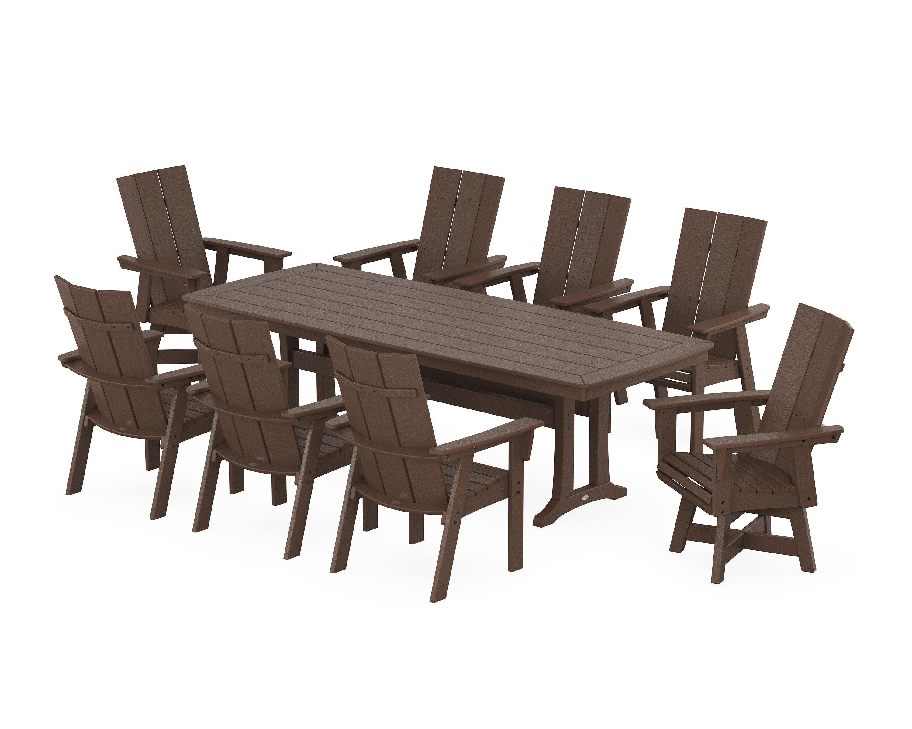 Modern Curveback Adirondack Swivel 9-Piece Dining Set with Trestle Legs in Mahogany