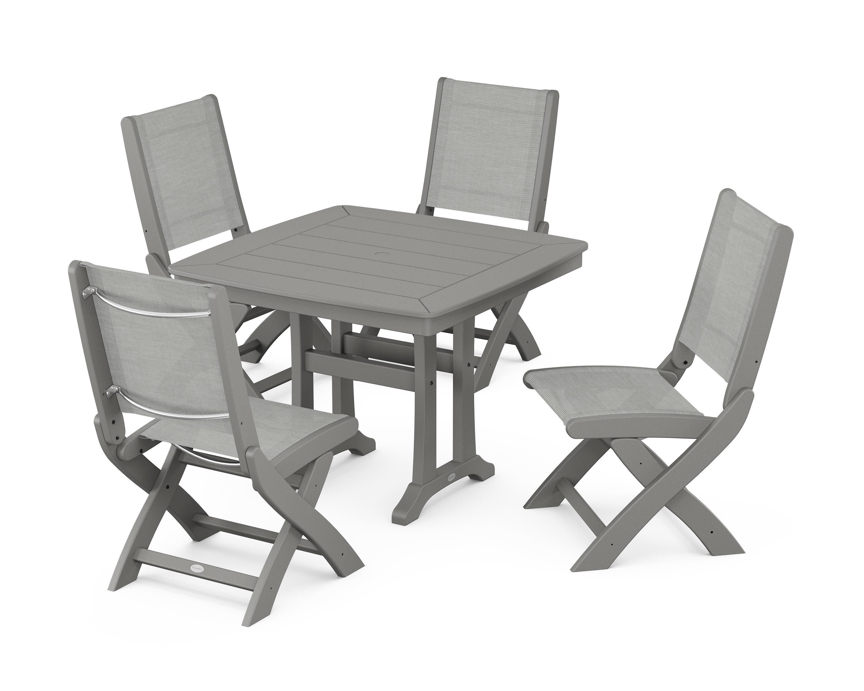 Coastal Folding Side Chair 5-Piece Dining Set with Trestle Legs in Slate Grey / Metallic Sling