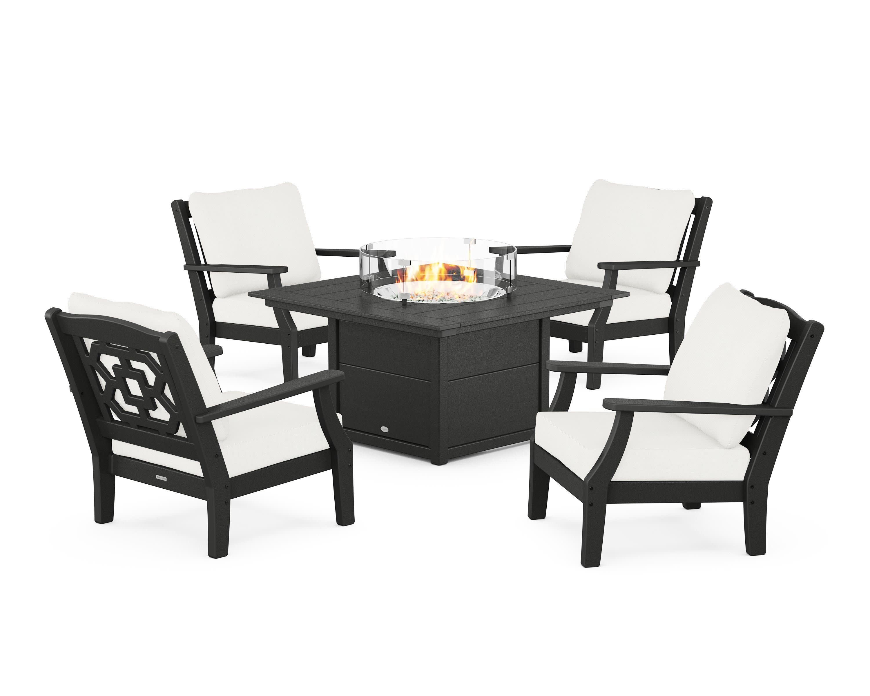 Chinoiserie 5-Piece Deep Seating Set with Fire Pit Table in Black / Natural Linen