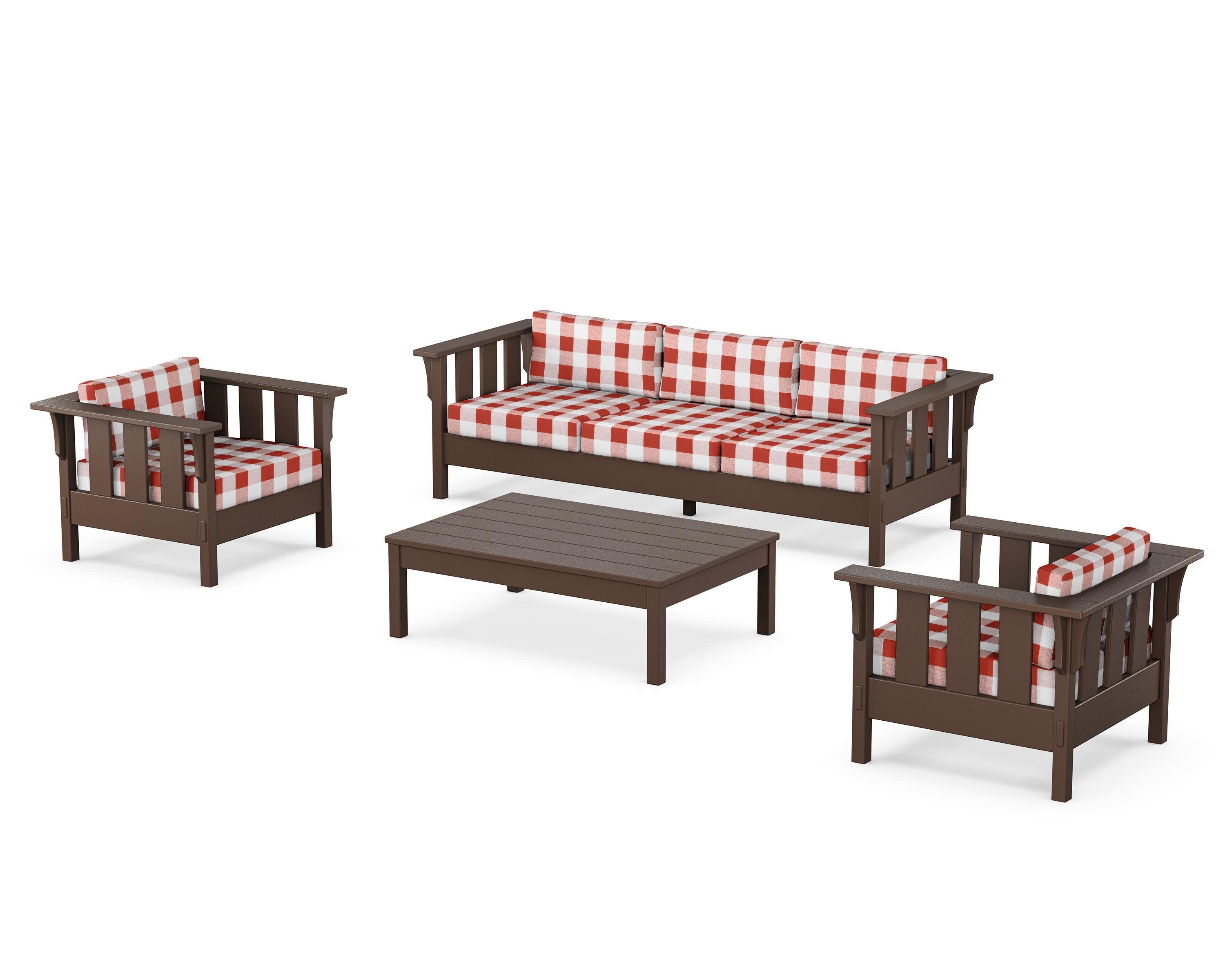 Acadia 4-Piece Deep Seating Set with Sofa in Mahogany / Buffalo Plaid Crimson