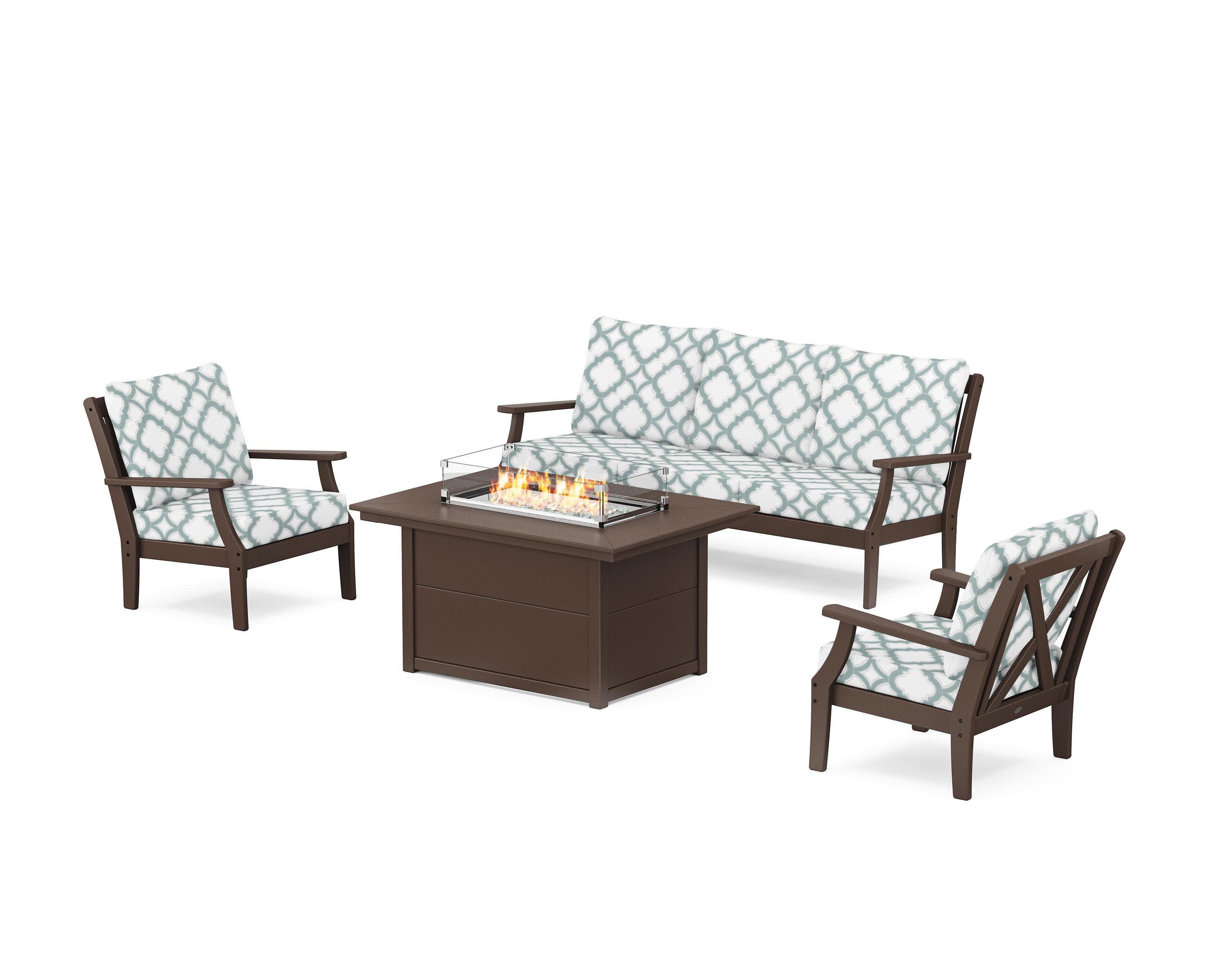 Braxton Deep Seating Fire Pit Table Set in Mahogany / Trellis Glacier Spa