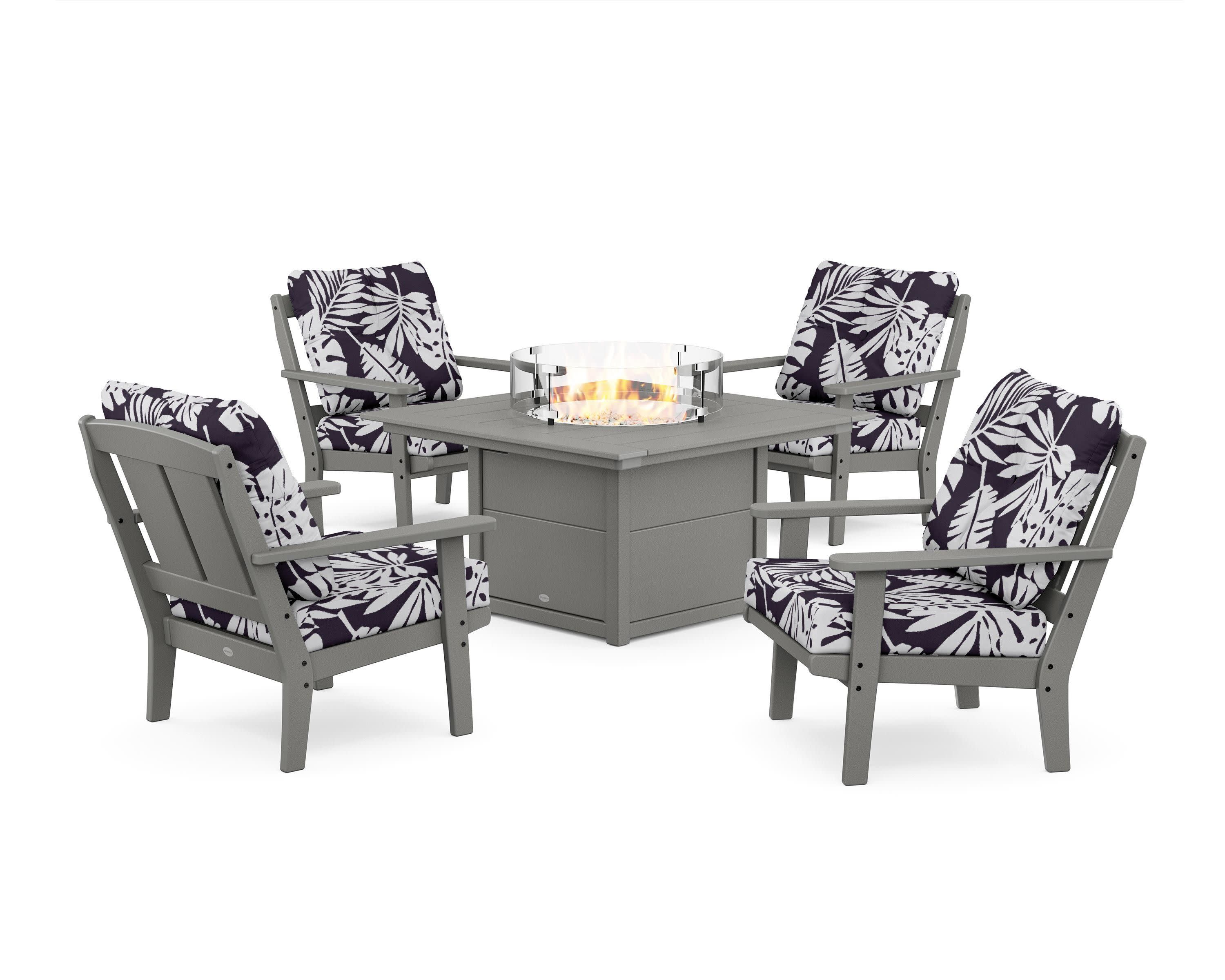 Mission 5-Piece Deep Seating Set with Fire Pit Table in Slate Grey / Leaf Navy
