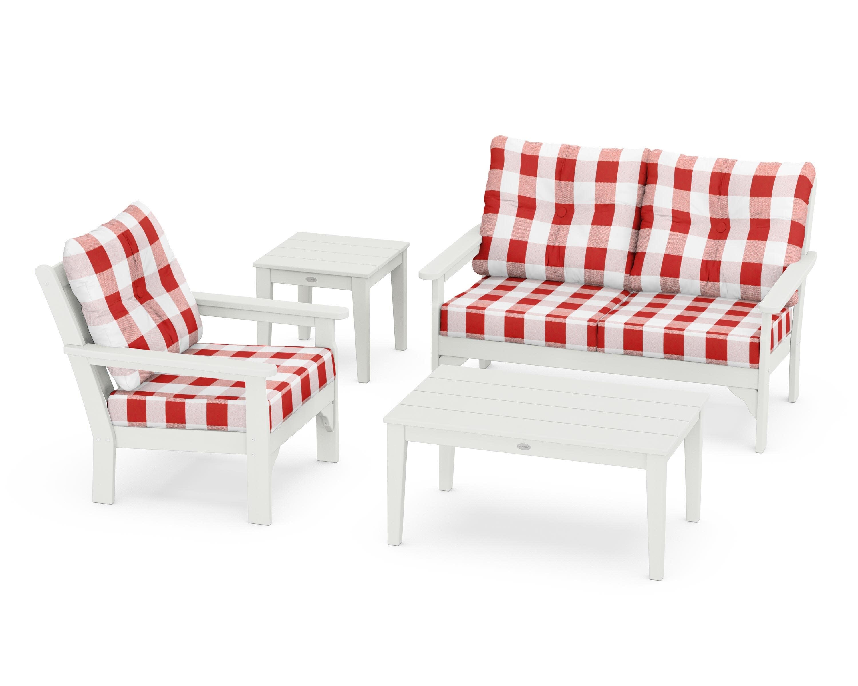 Vineyard 4-Piece Deep Seating Set in Vintage White / Buffalo Plaid Crimson