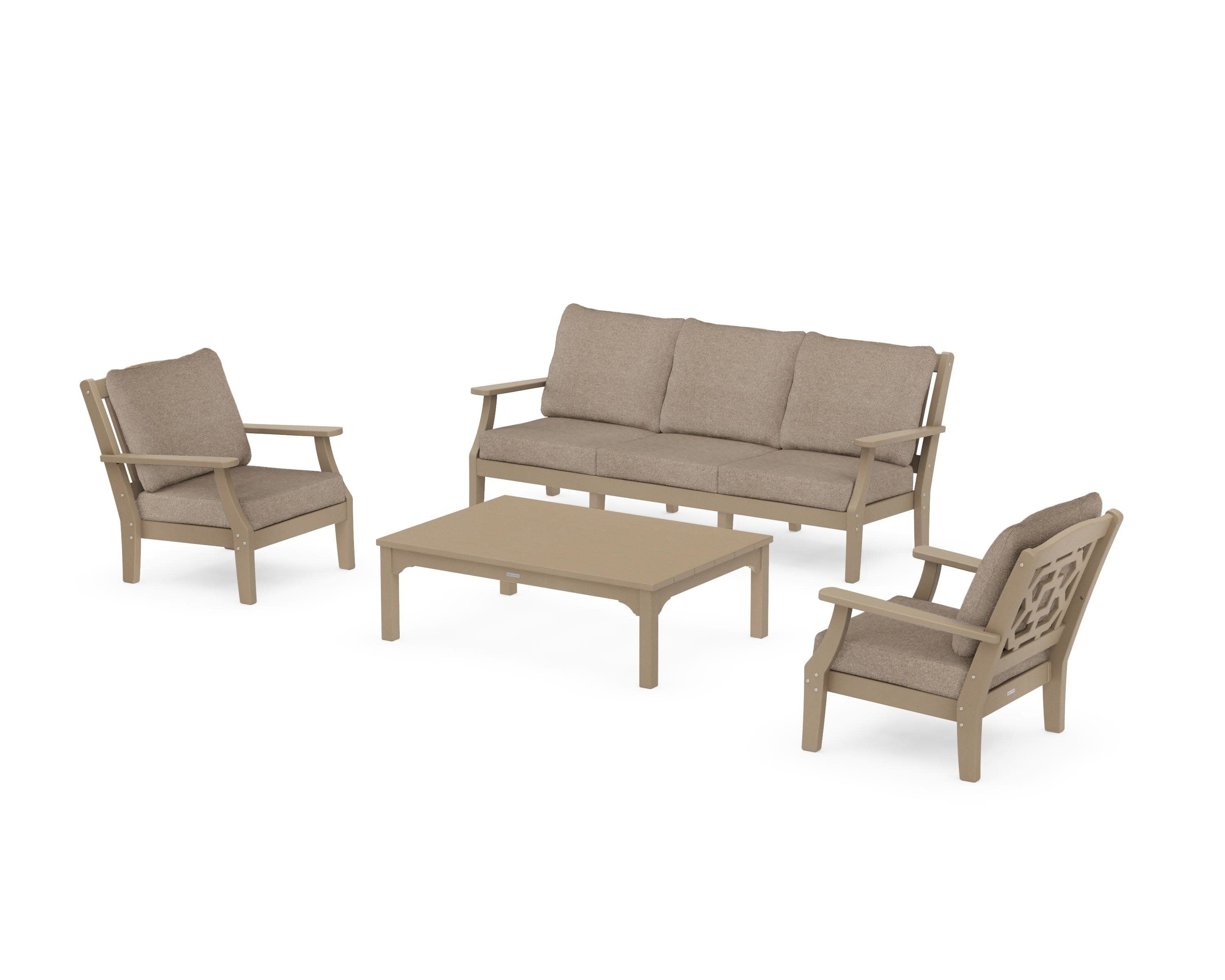 Chinoiserie 4-Piece Deep Seating Set with Sofa in Vintage Sahara / Spiced Burlap