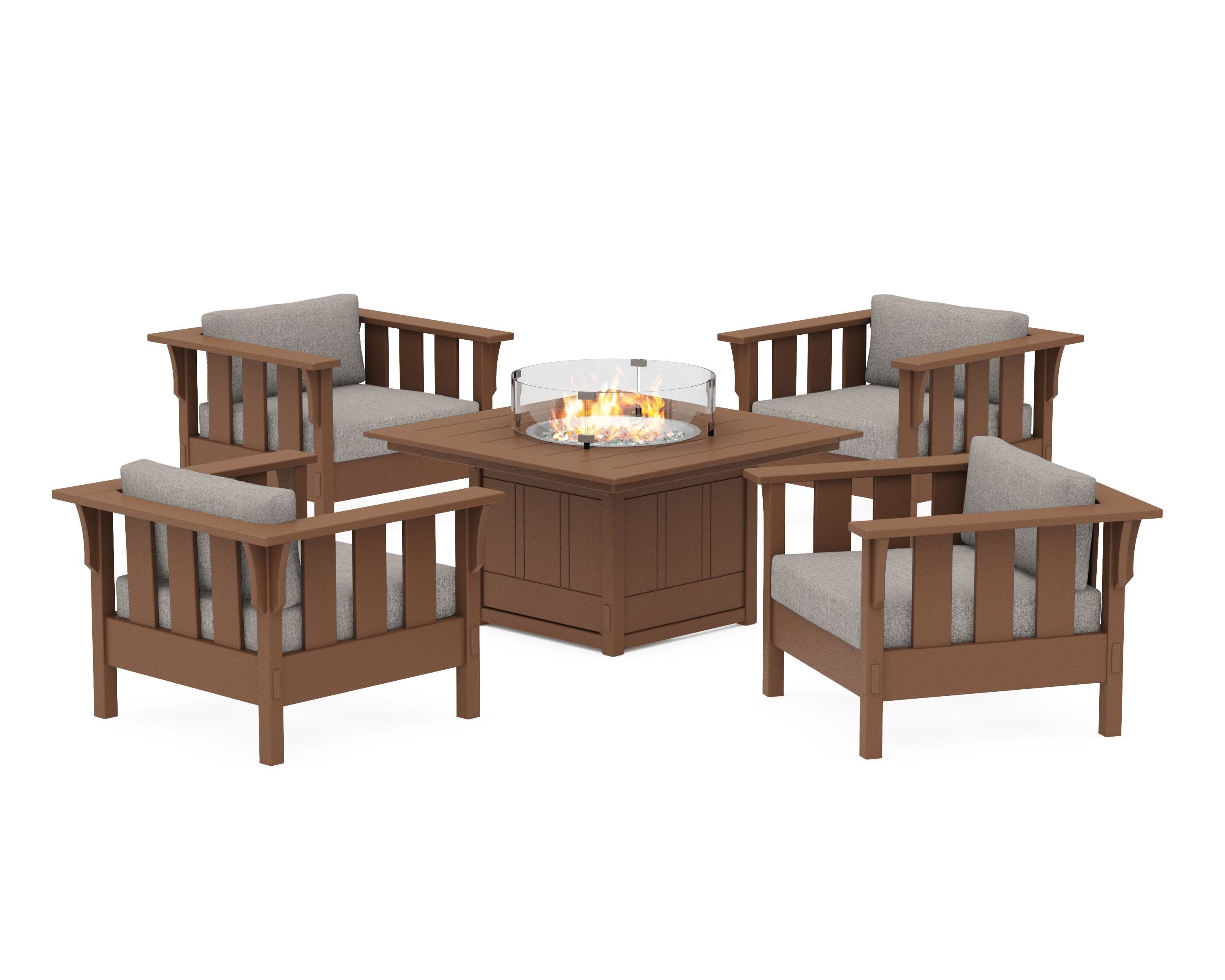 Acadia 5-Piece Deep Seating Set with Fire Pit Table in Teak / Weathered Tweed