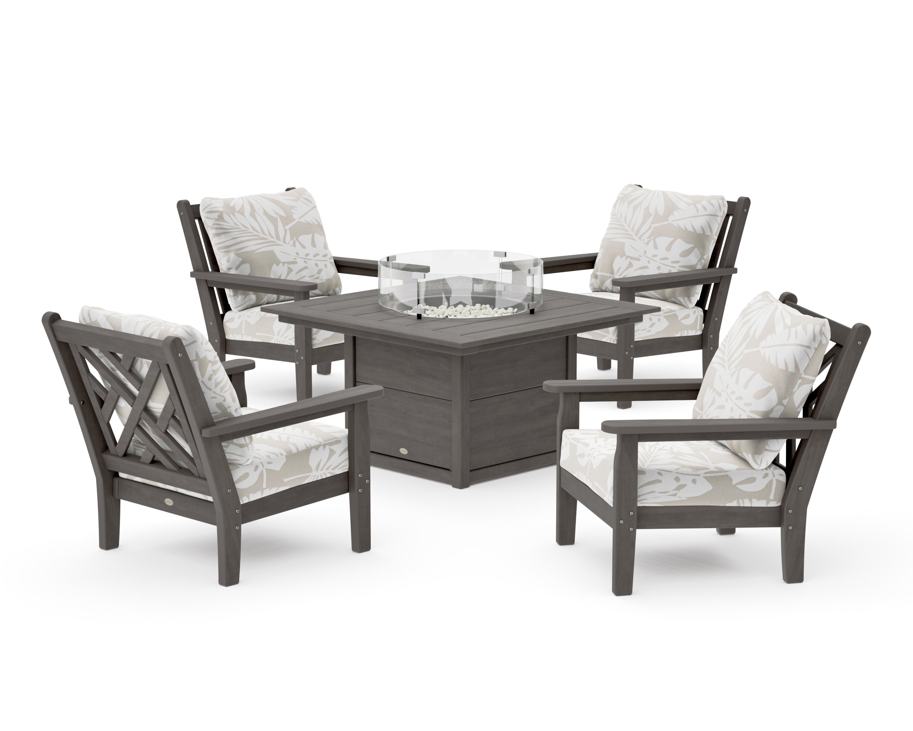 Chippendale 5-Piece Deep Seating Set with Fire Pit Table in Driftwood / Leaf Dune Burlap