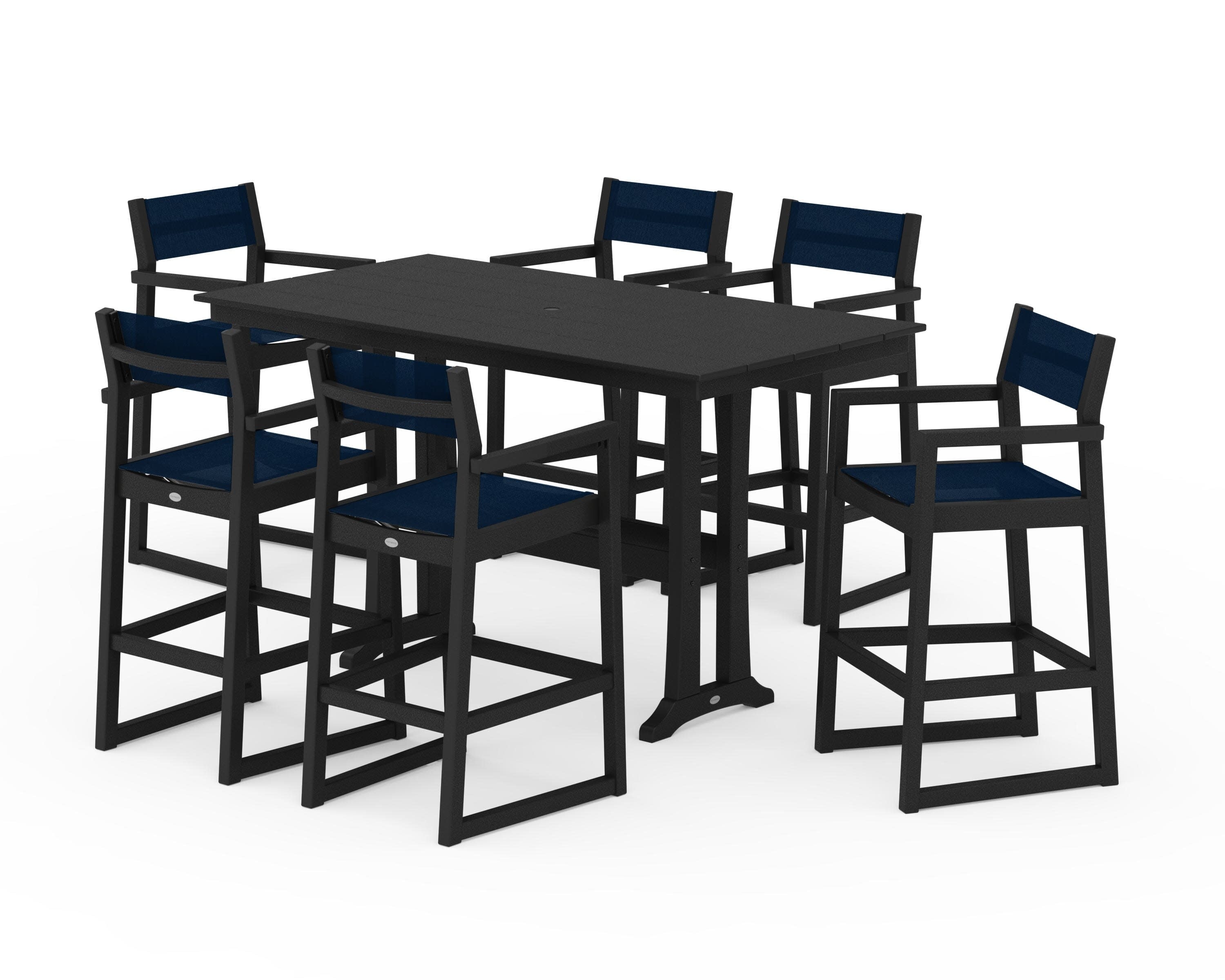 EDGE Sling Arm Chair 7-Piece Farmhouse Bar Set with Trestle Legs in Black / Navy Blue Sling
