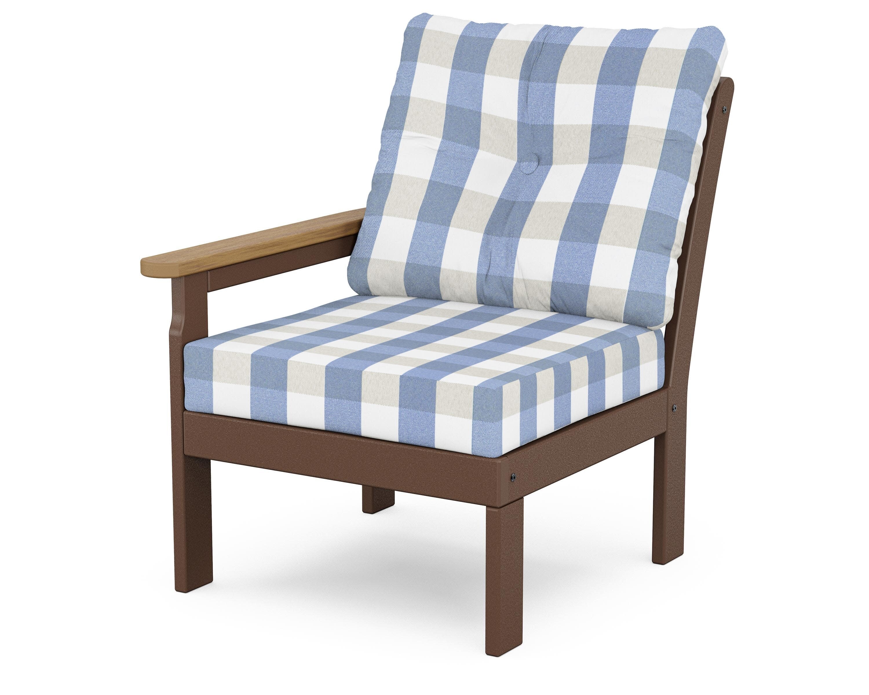 Vineyard Modular Left Arm Chair in Mahogany / Natural / Buffalo Plaid Sky Blue