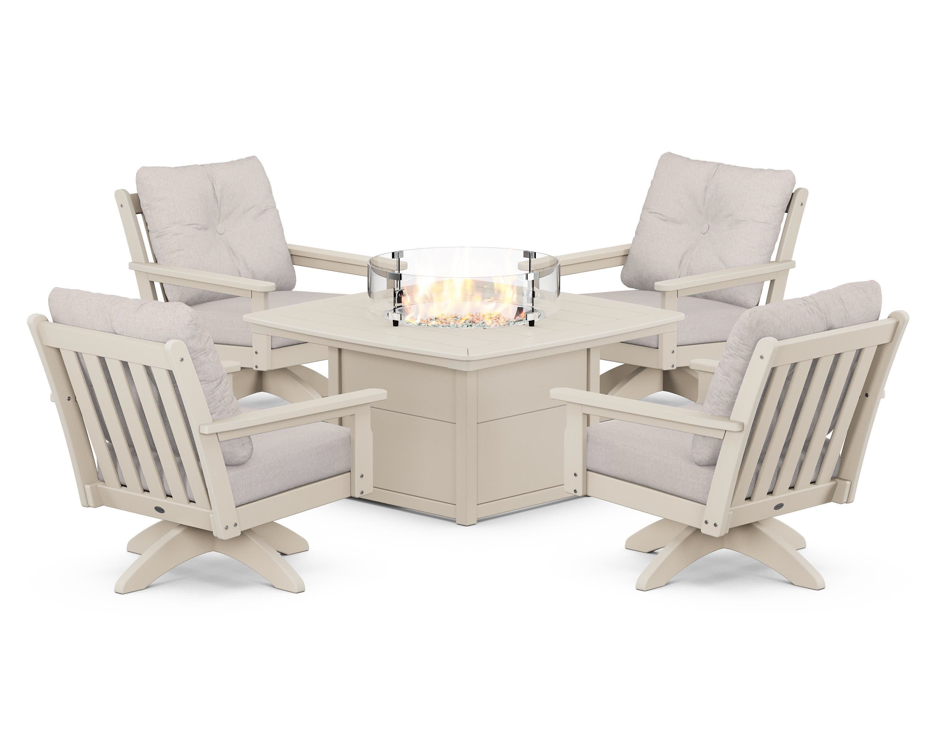 Vineyard 5-Piece Deep Seating Swivel Conversation Set with Fire Pit Table in Sand / Dune Burlap