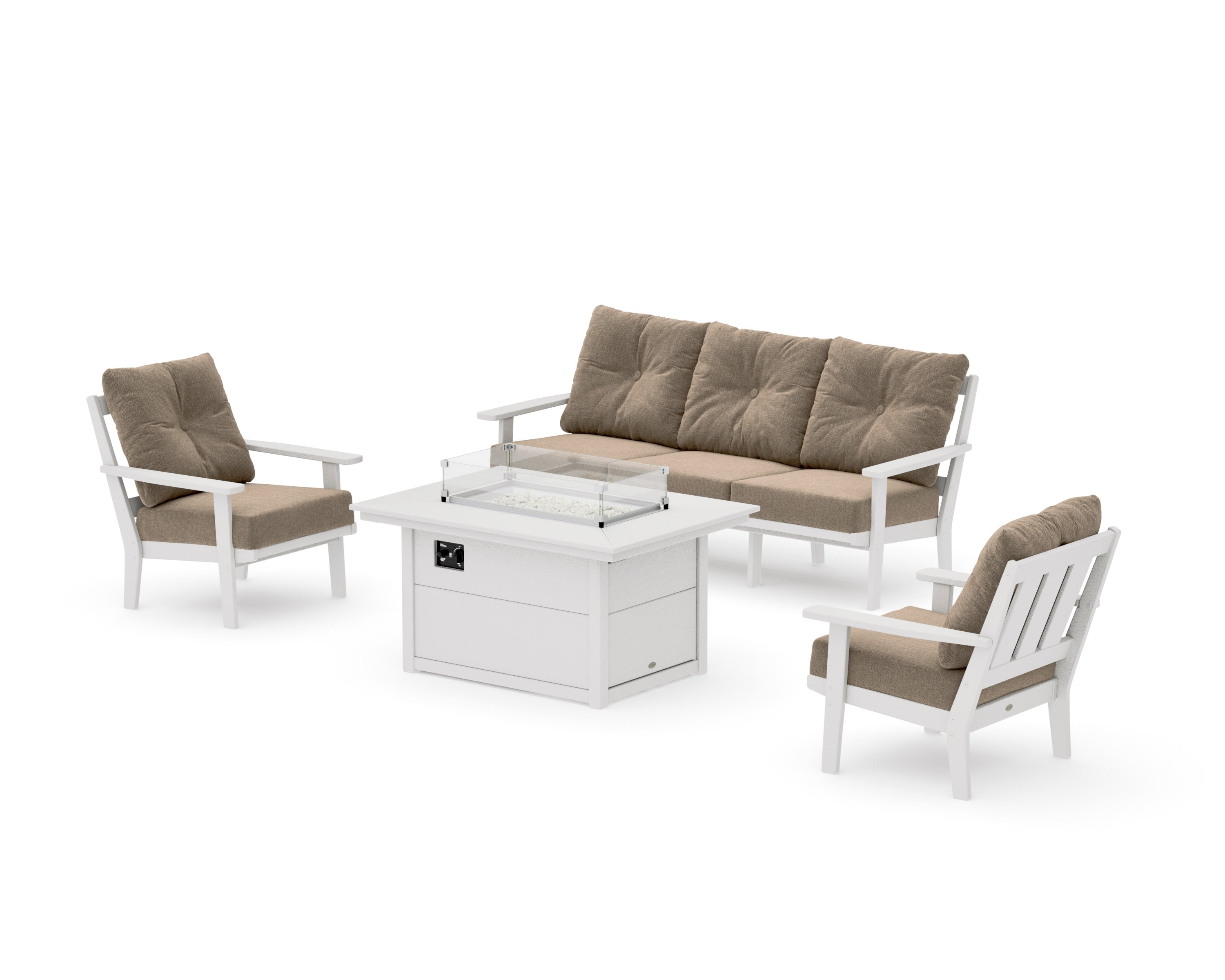 Oxford Deep Seating Fire Pit Table Set in Vintage White / Spiced Burlap
