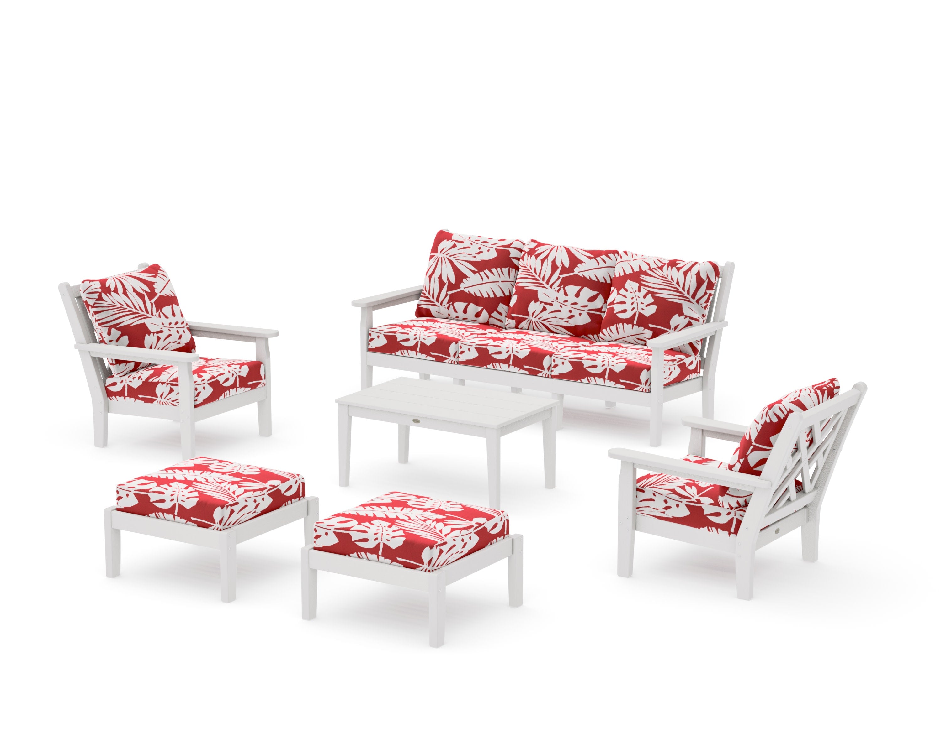Chippendale 6-Piece Lounge Sofa Set in Vintage White / Leaf Crimson