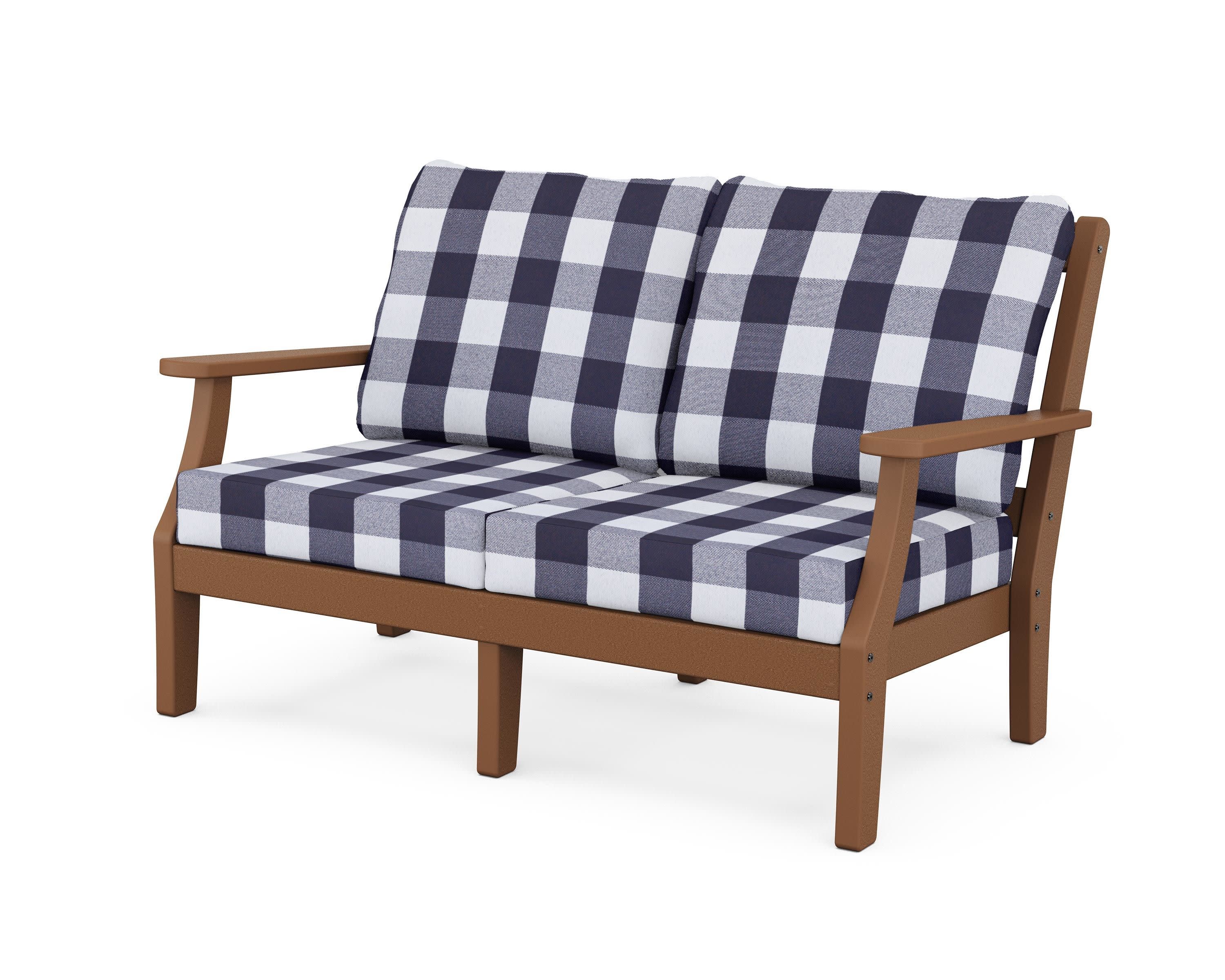 Chinoiserie Deep Seating Loveseat in Teak / Buffalo Plaid Navy