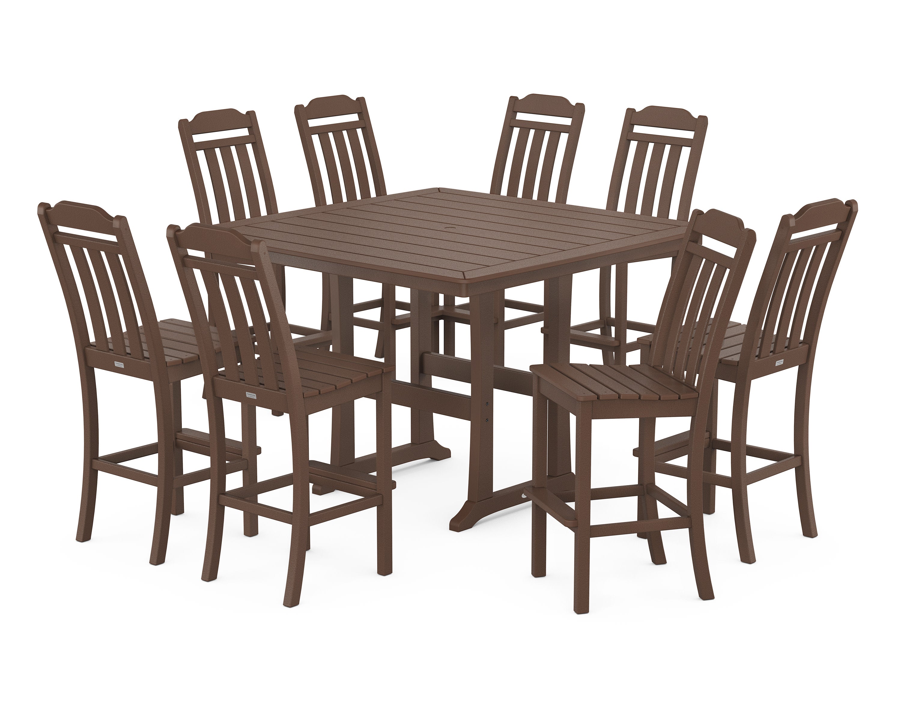 Cottage 9-Piece Square Side Chair Bar Set with Trestle Legs in Mahogany