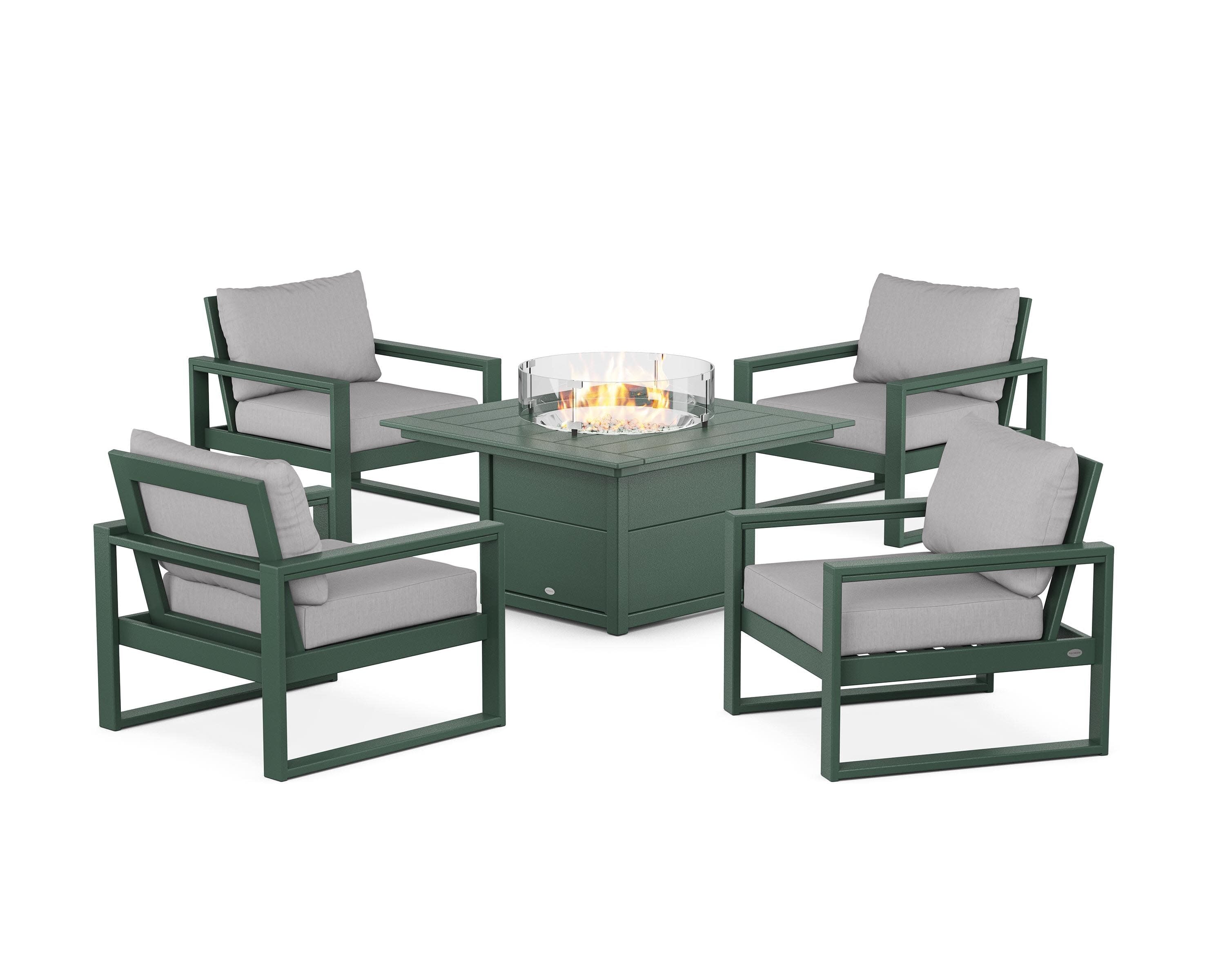 EDGE Sectional 5-Piece Deep Seating Set with Fire Pit Table in Green / Granite