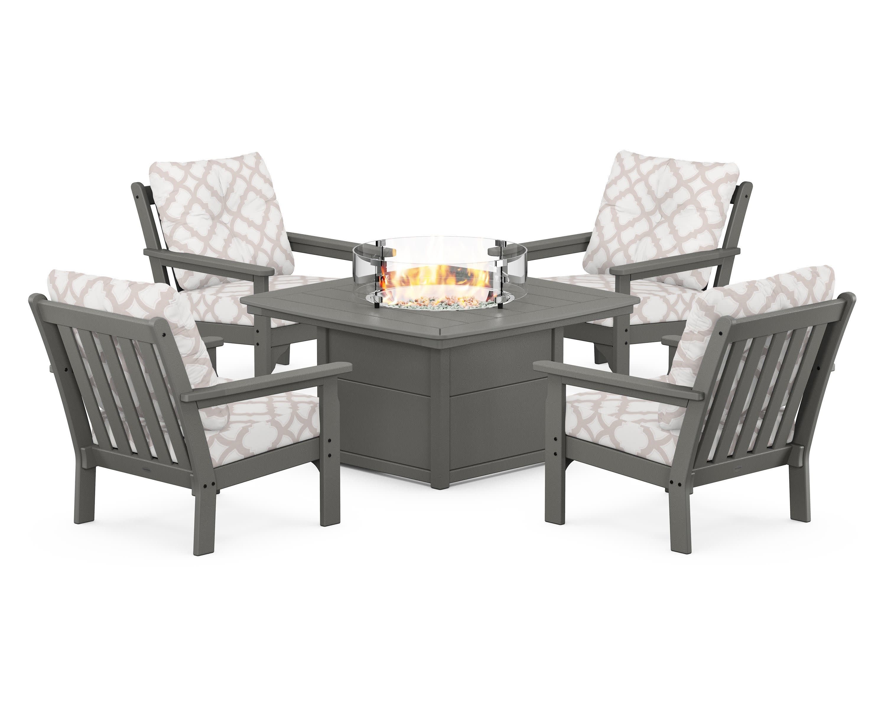 Vineyard 5-Piece Conversation Set with Fire Pit Table in Slate Grey / Trellis Dune Burlap