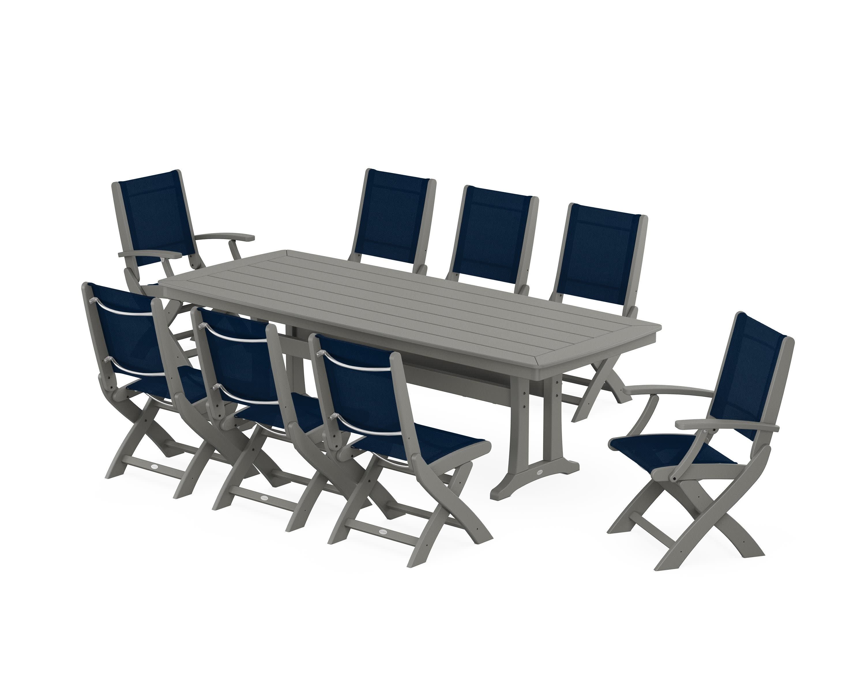 Coastal Folding 9-Piece Dining Set with Trestle Legs in Slate Grey / Navy Blue Sling