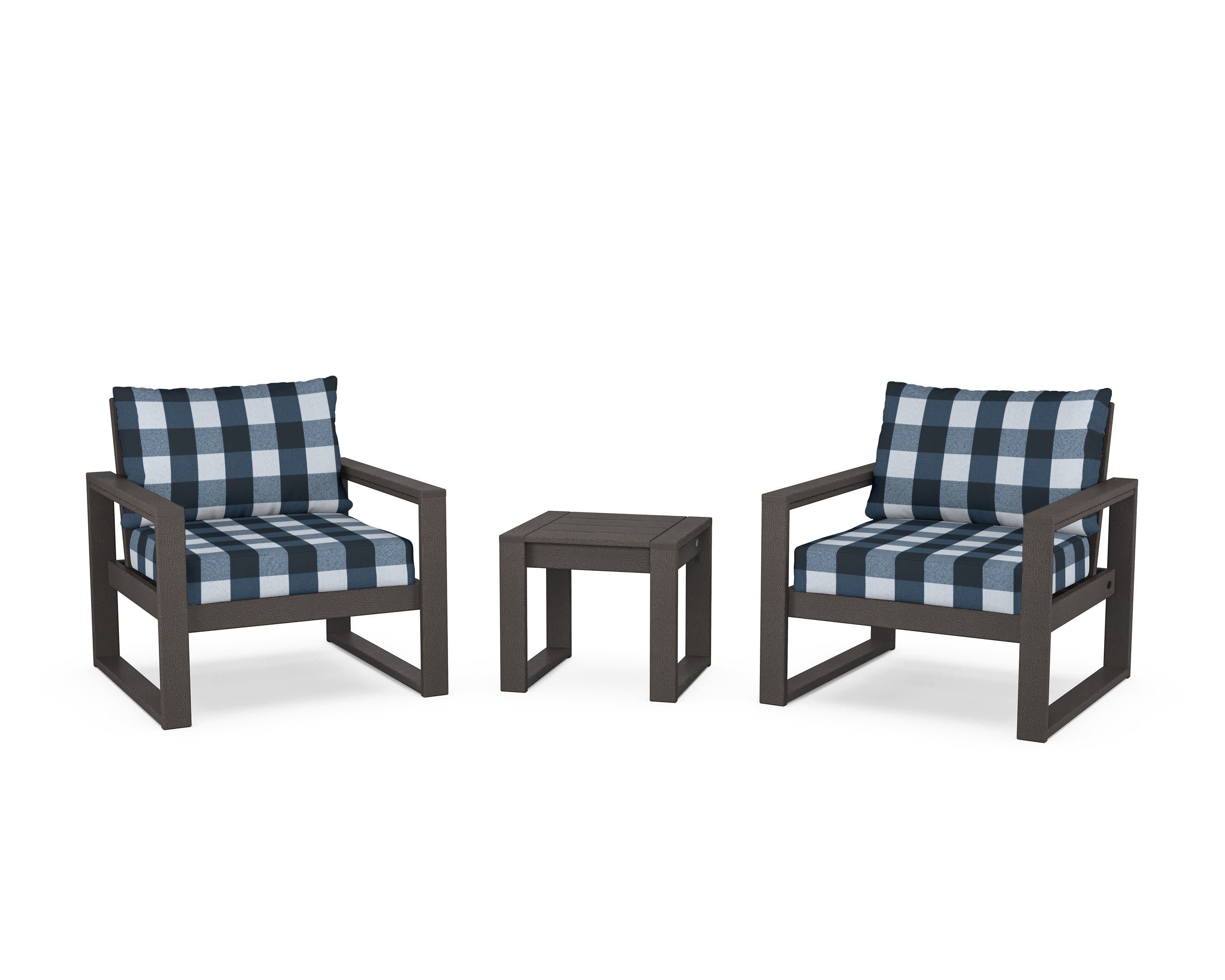 EDGE Sectional 3-Piece Deep Seating Set in Vintage Coffee / Buffalo Plaid Marine Indigo