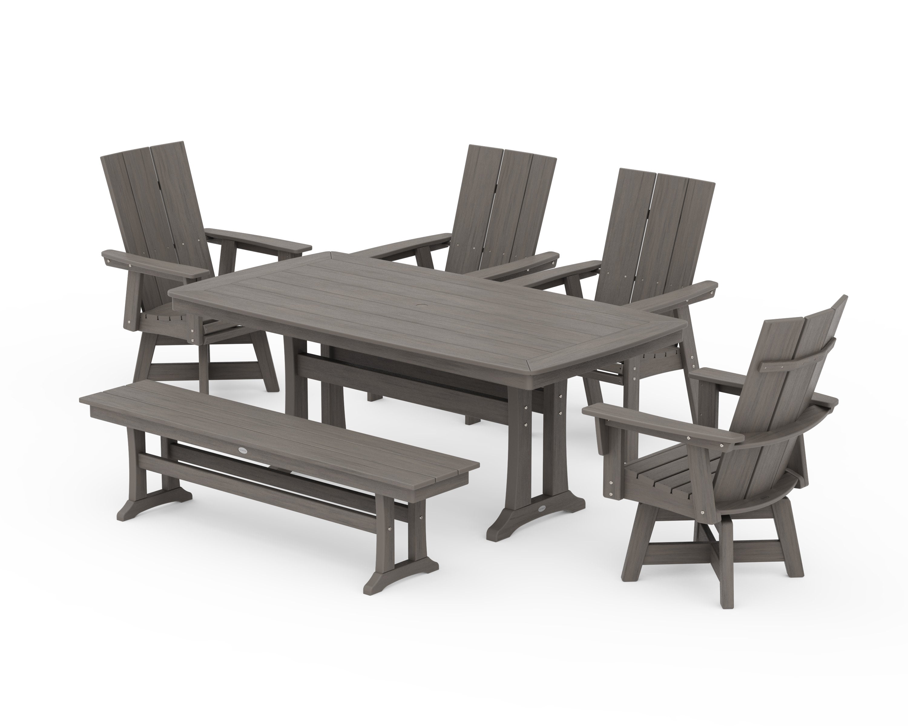 Modern Curveback Adirondack Swivel Chair 6-Piece Dining Set with Trestle Legs and Bench in Driftwood