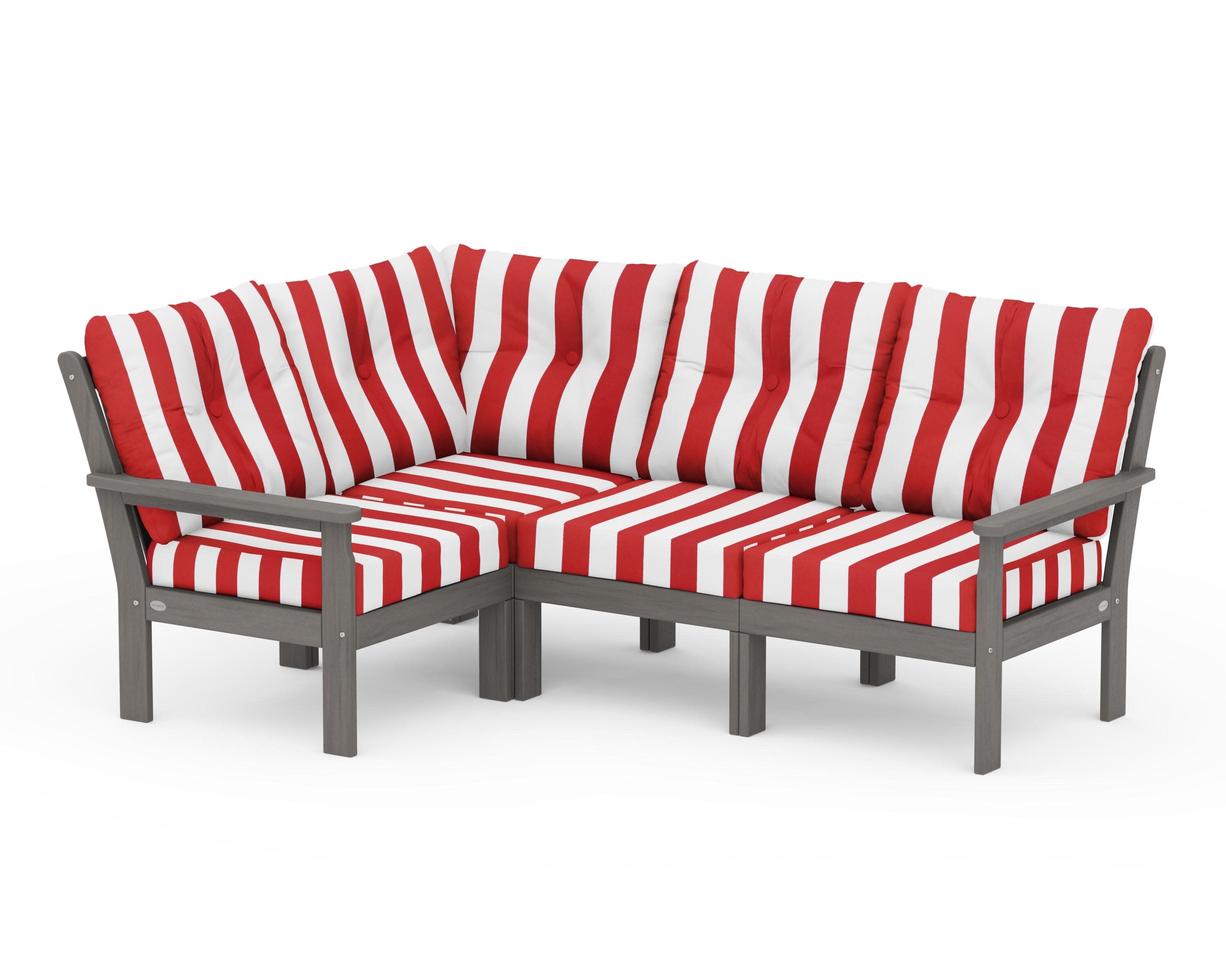 Vineyard 4-Piece Sectional in Driftwood / Cabana Stripe Crimson