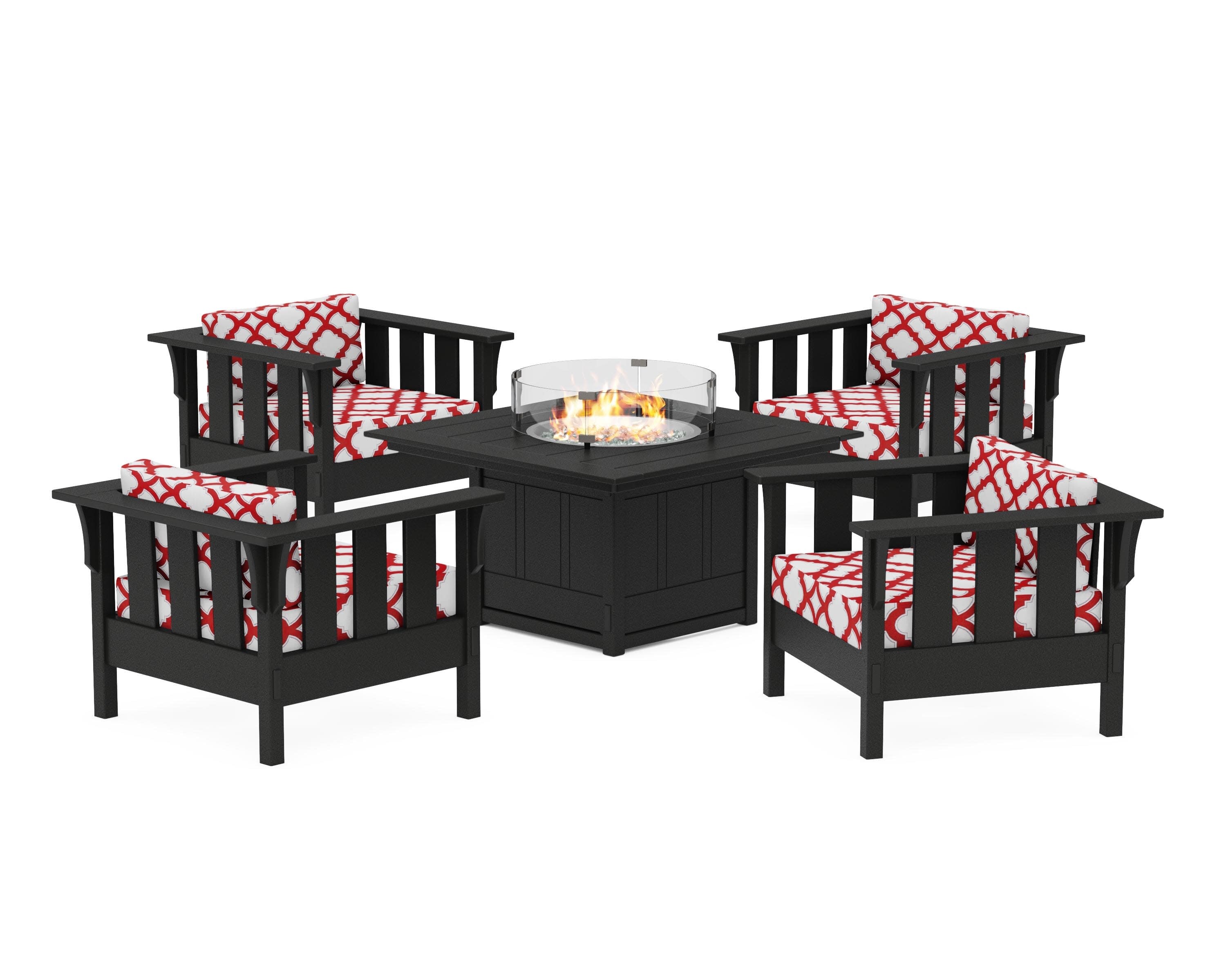 Acadia 5-Piece Deep Seating Set with Fire Pit Table in Black / Trellis Crimson