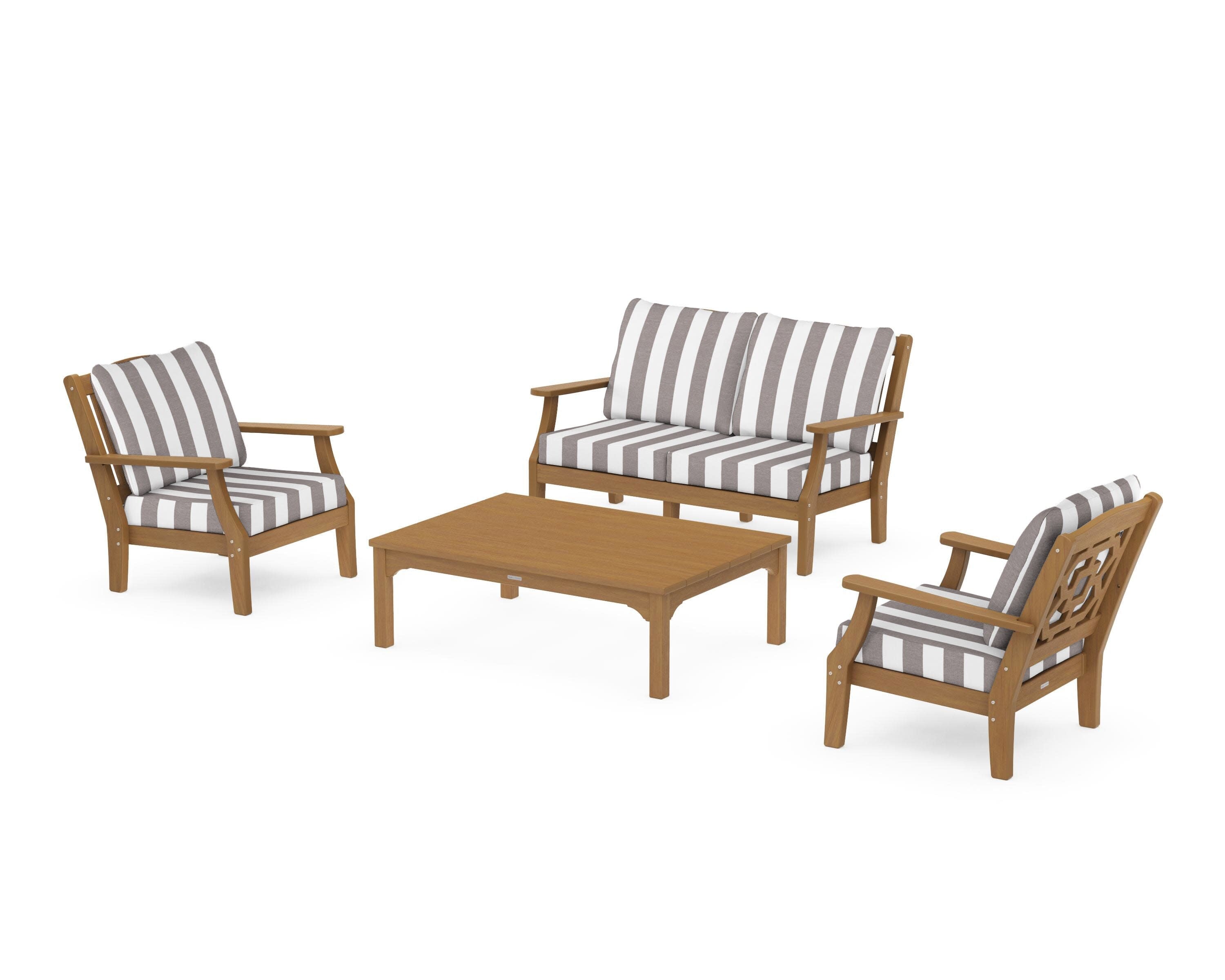 Chinoiserie 4-Piece Deep Seating Set with Loveseat in Natural / Cabana Stripe Grey Mist