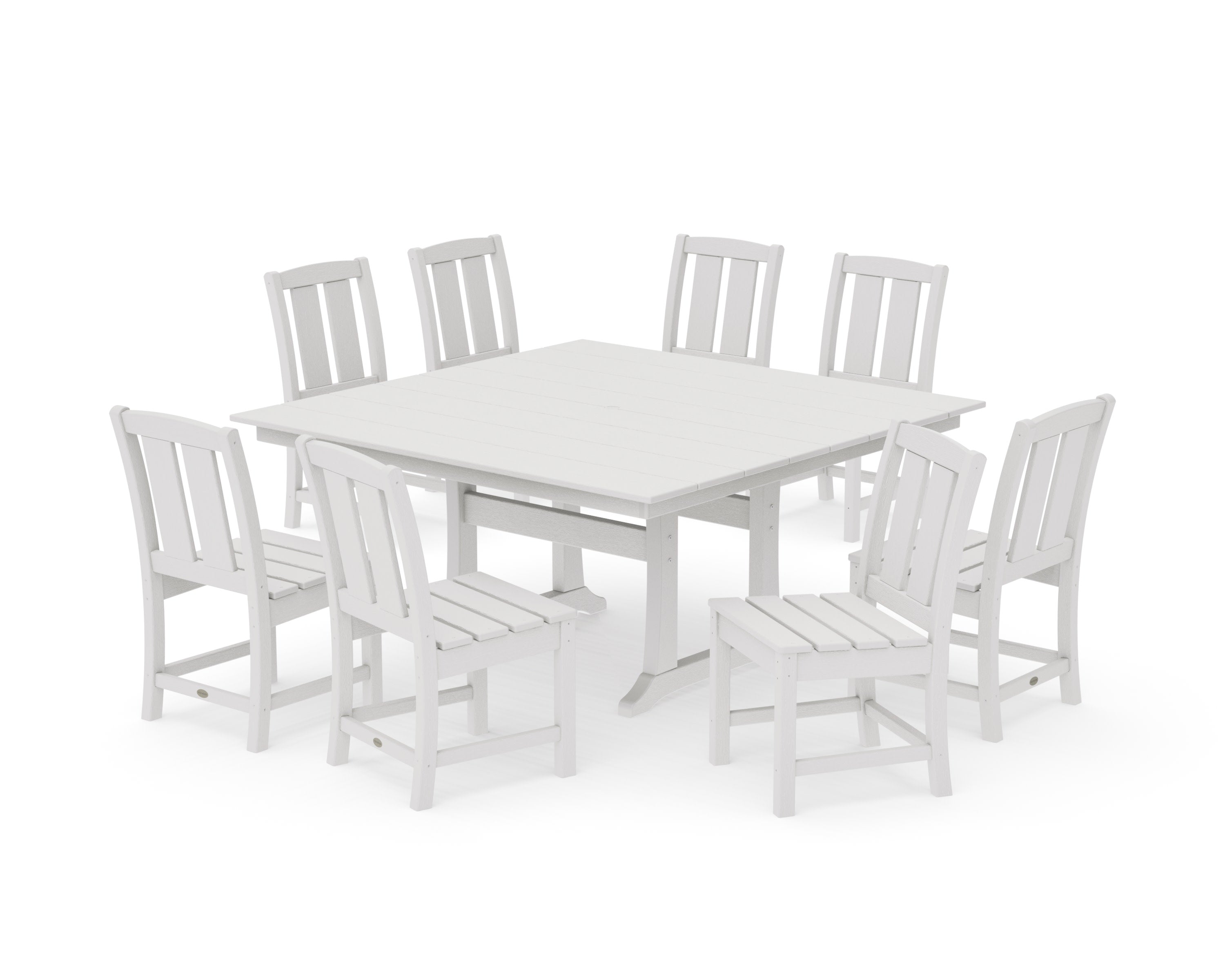 Mission Side Chair 9-Piece Square Farmhouse Dining Set with Trestle Legs in Vintage White